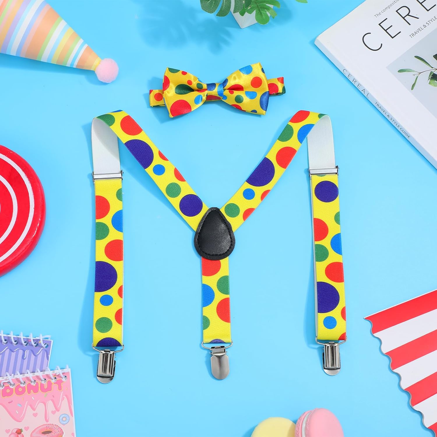 FRCOLOR 2 Sets Suspenders Bow Tie, Rainbow Polka Dot Clown Costume Accessories, Elastic Y-back with Metal Clips for Dress Up, Birthday, Halloween