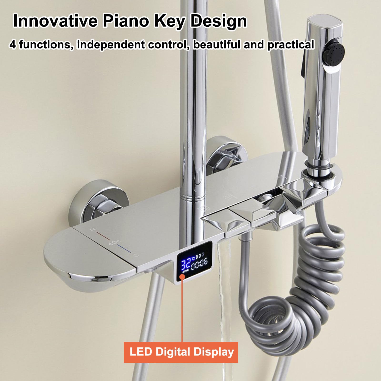 BEITH Sistema de Ducha Termostático, 30x20cm Cuadrado Columna de Ducha con Pantalla Digital LED, 4 Funciones Teclas del Piano Set De Ducha, 59A Latón Válvula, Autolimpieza, Durable, Altura Ajustable