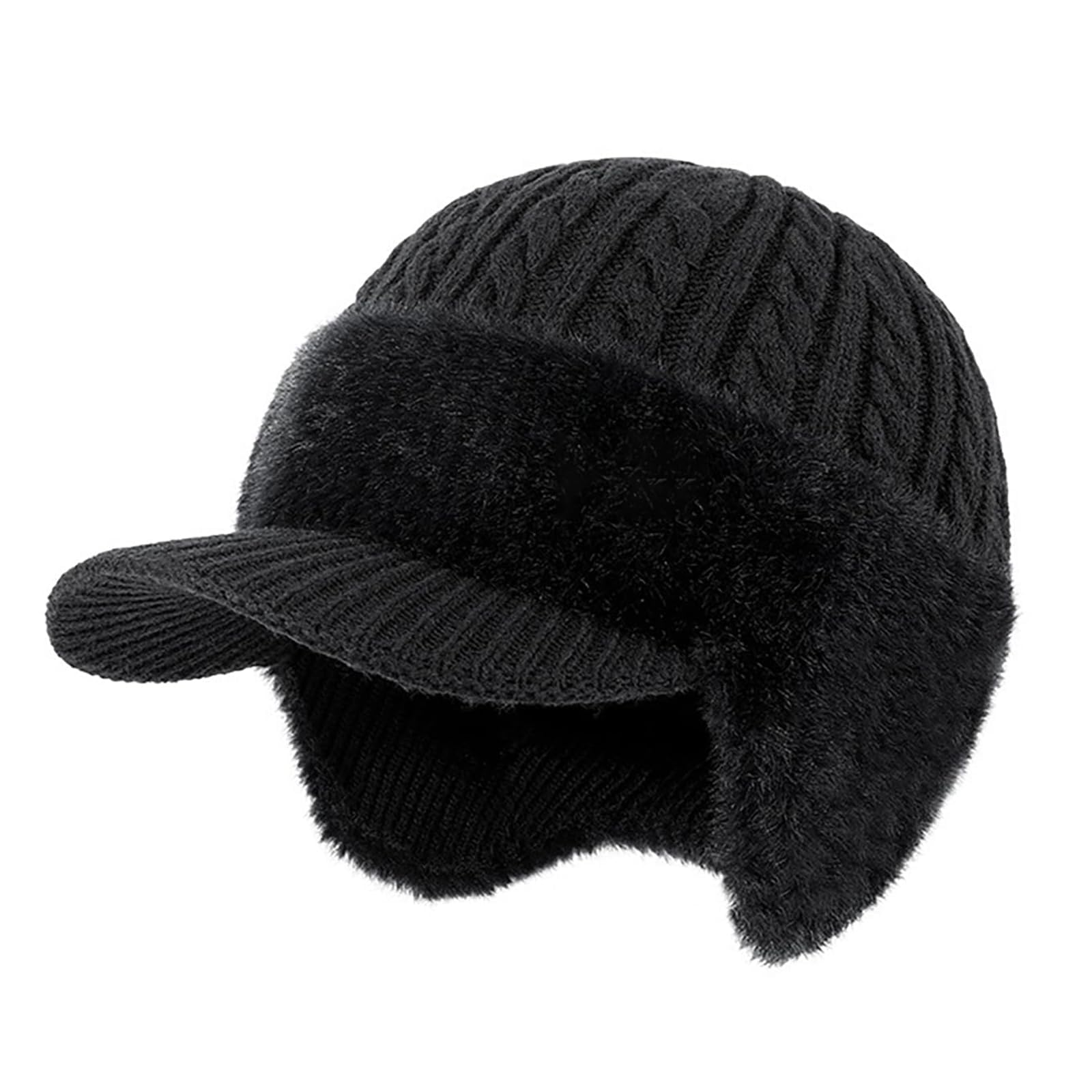 Trapper Blocking Knitted Hats,Winter Trapper Hats,locking Knitted Beanie with Ear Flaps and Wool Brim, with Fur Lining,Fleece Thermal Hat for Cold Weather, Warm Hats for Skiing Cycling (Black)