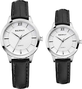 BERNY Watches for Men and Women, Classic Simple Business Analogue Quartz Watches, Black Leather Strap- White Dial