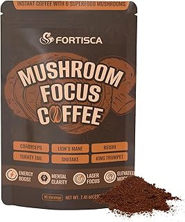Mushroom Coffee, 6-in-1 Instant Mushroom Coffee Blend with Cordyceps, Reishi, Lion’s Mane, Turkey Tail, Shiitake & King Trumpet, Smooth Low-Acid Coffee for Balanced Energy & Focus, 210g