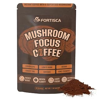 FORTISCA Mushroom Coffee, 6-in-1 Instant Mushroom Coffee Blend with Cordyceps, Reishi, Lion’s Mane, Turkey Tail, Shiitake & King Trumpet, Smooth Low-Acid Coffee for Balanced Energy & Focus, 210g - Amazon product rated Grade A