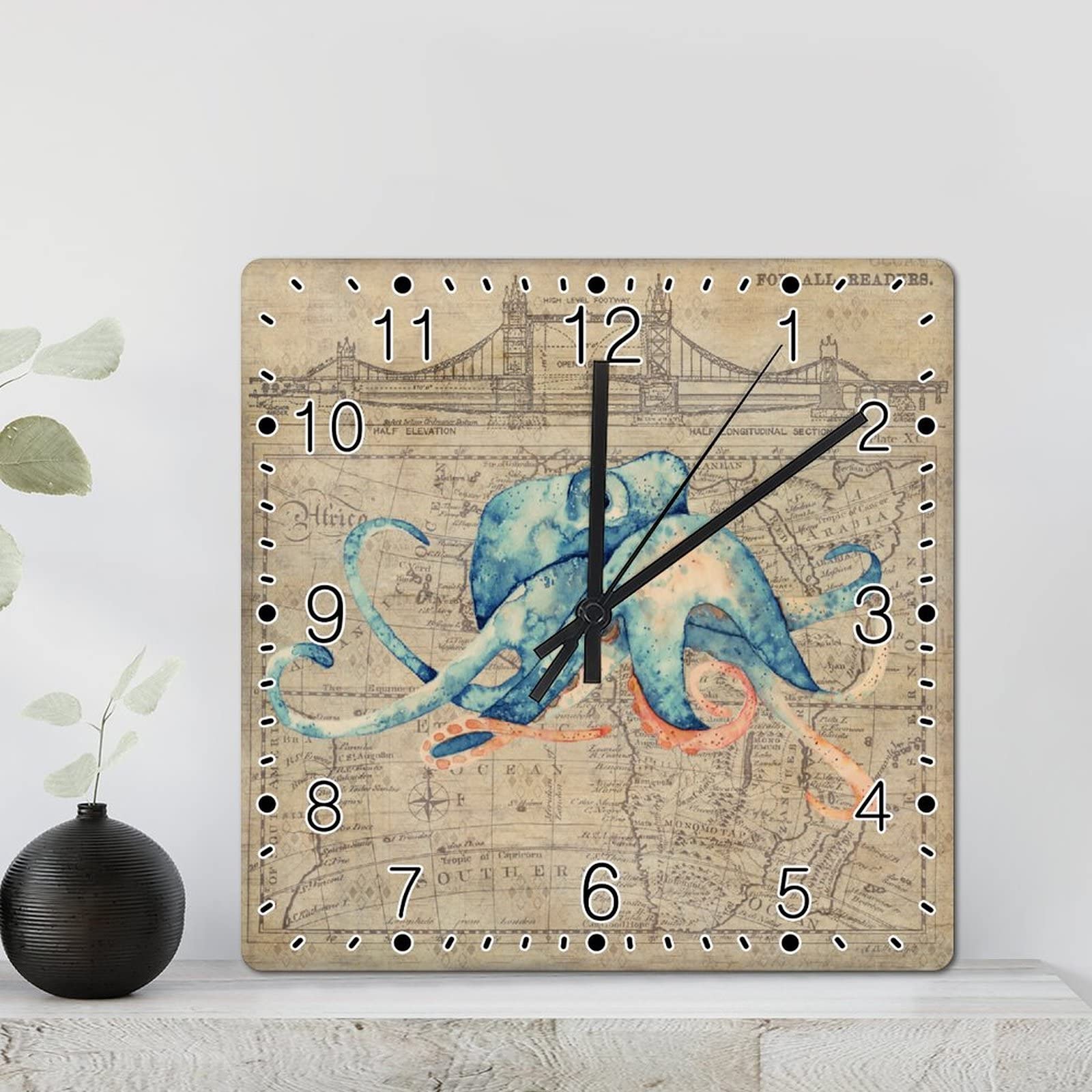 Horloge murale méduse 30,5 cm grande horloge carrée rétro pour décoration murale thème mer