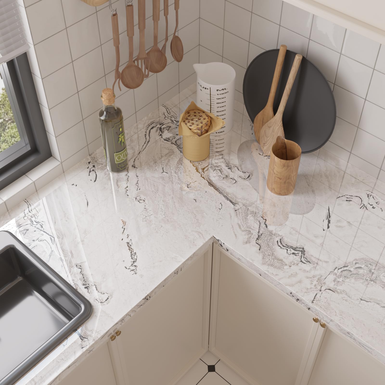 VEELIKE Carta da Parati Effetto Marmo Beige Grigio 81cm x300cm Adesiva Lucida Lavabile per Cucina Camera da Letto