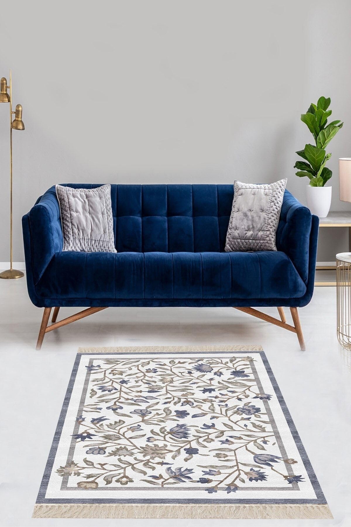 Pelangi Çiçek Desenli Çerçeveli Dijital Baskı Yıkanabilir Kaymaz Taban Modern Salon Halı ve Yolluk, Mavi 100 x 300