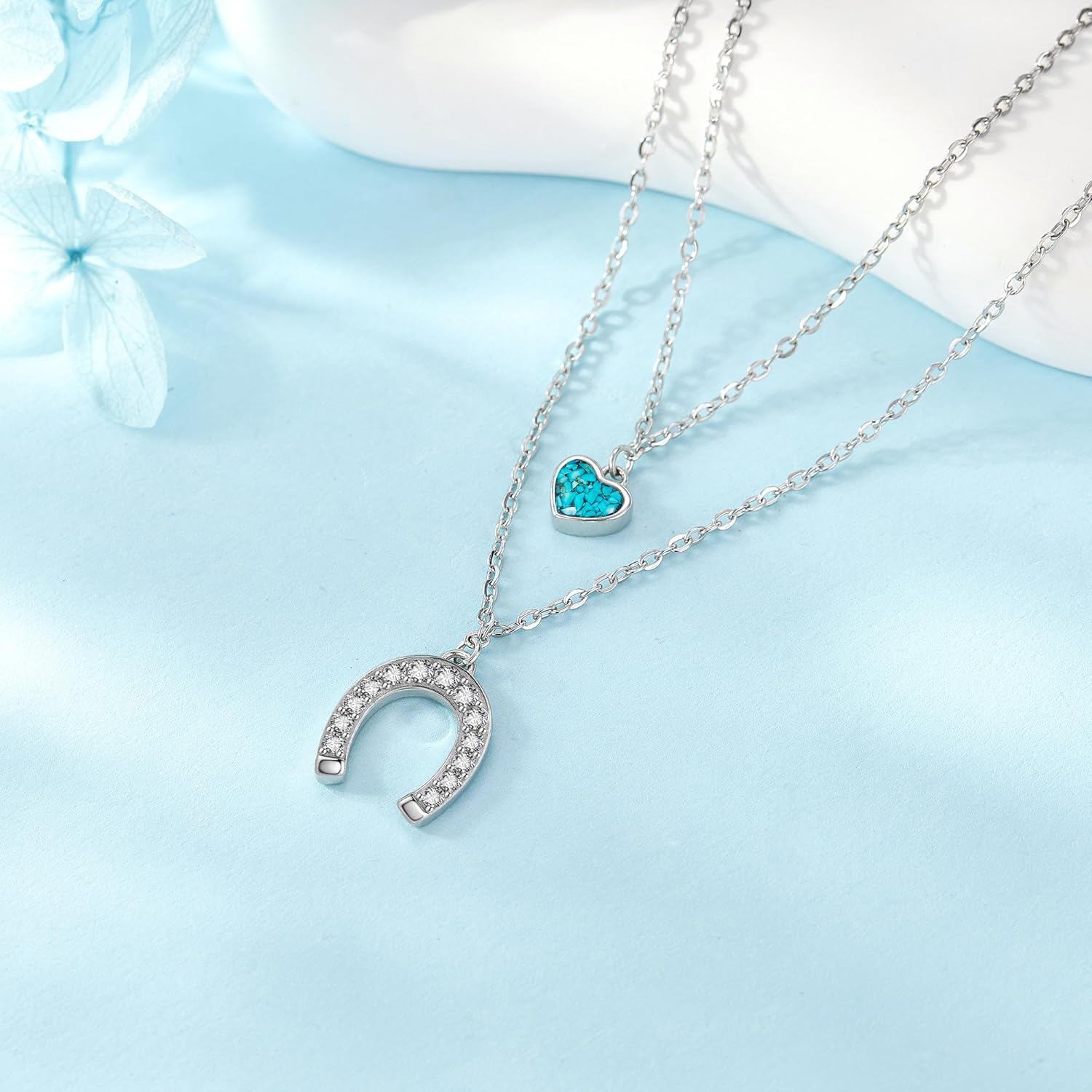 URONE Horseshoe Necklace Sterling Silver Horseshoe Heart Turquoise Layered Necklace Western Country Jewelry Gifts for Cowgirl Cowboy - Image 3