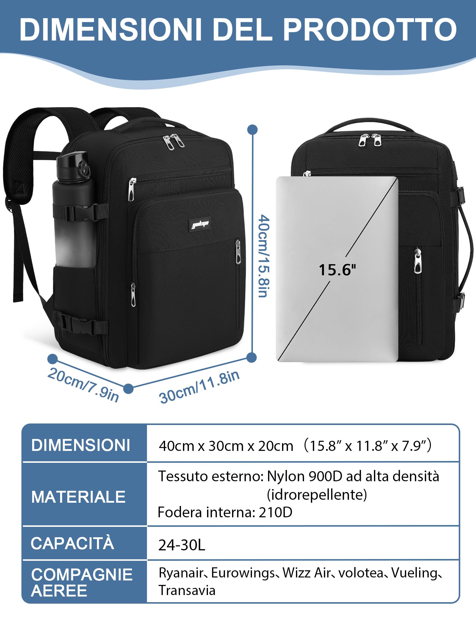 Zaino Ryanair 40x30x20 Bagaglio a Mano per Wizzair/Vueling (24-30L Espandibile) Zaini da Viaggio Cabina,Borsa Aereo Porta PC Laptop 15.6" Per Donna,Uomo,Trekking e Lavoro.Travel Backpack Nero