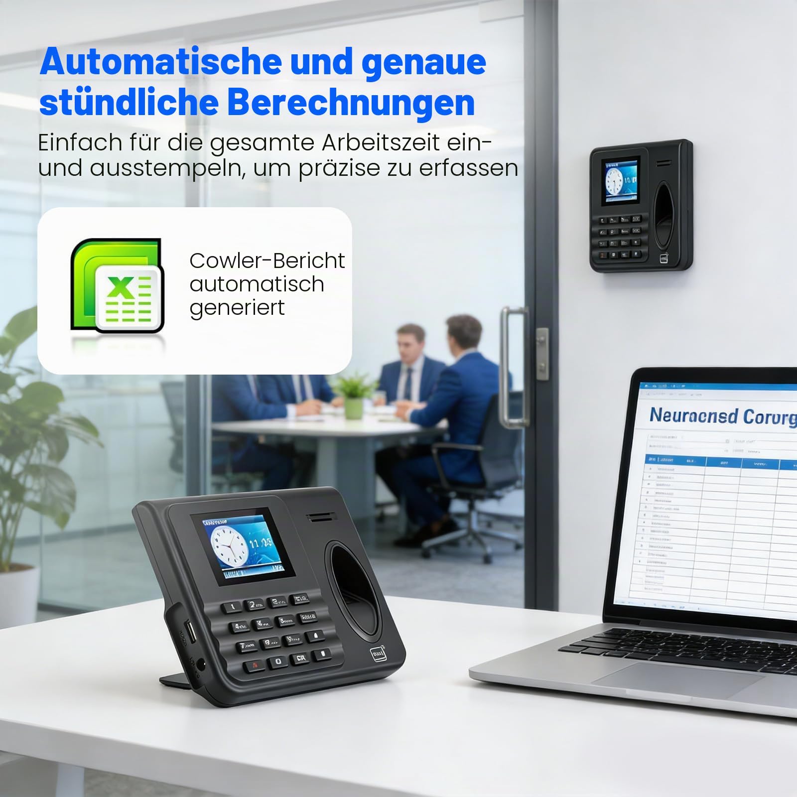 Stempeluhr Zeiterfassung für Kleinbetriebe, Biometrisch mit Sprachansage – 3 Methoden (Fingerabdruck, RFID, PIN), USB-Export, einfache Installation als Stechuhr für Wand oder Tisch