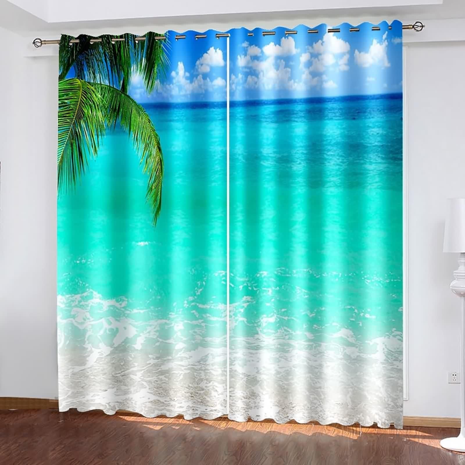 Rideau Occultant, Rideau Anniversaire Bleu Vert Polyester Paysage de Feuilles de Palmier de Mer 102L x 229H CM Lot de 2
