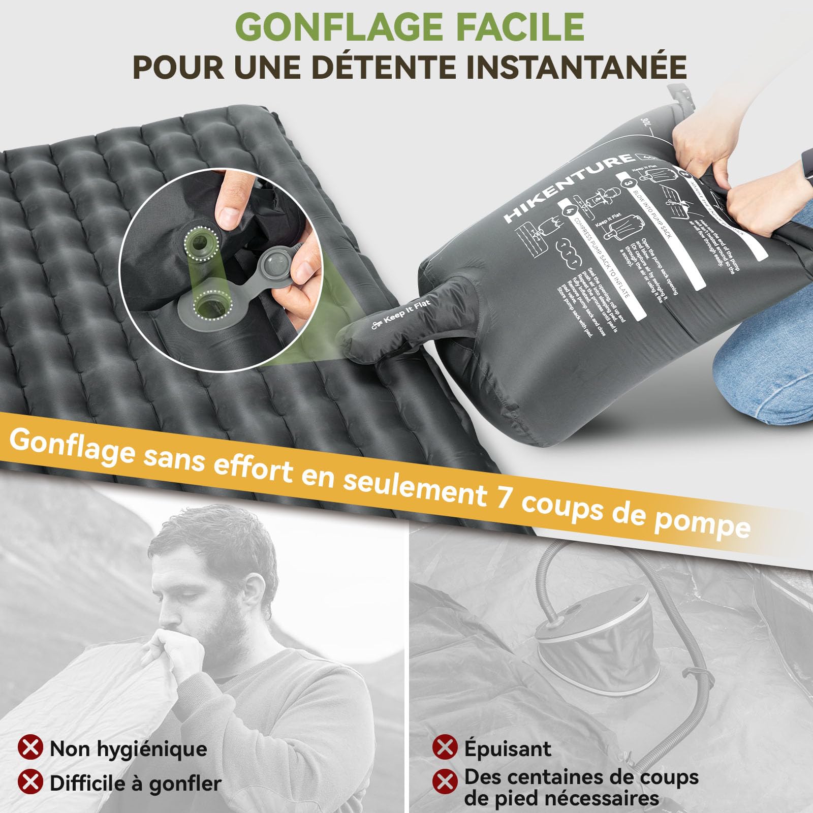 HIKENTURE Valeur-R 6.2 Matelas Camping Gonflable pour 2 Personnes, 140 x 200 cm - 8 cm Isolant 4 Saisons - Matelas Autogonflant 2 Personnes avec Sac de Pompe - Camping, Trekking, Randonnée, Bivouac