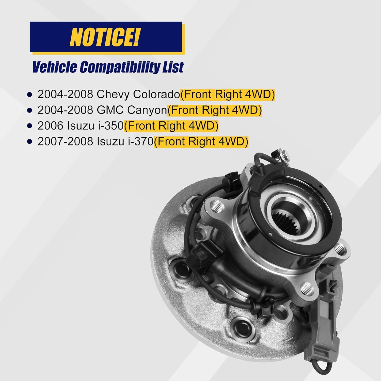 KUSATEC 515111 Front Right Wheel Bearing and Hub Assembly Compatible with 2004-2008 Chevy Colorado, GMC Canyon, 2006 Isuzu i-350 2007-2008 i-370, 6 Lug Bolts w/ABS