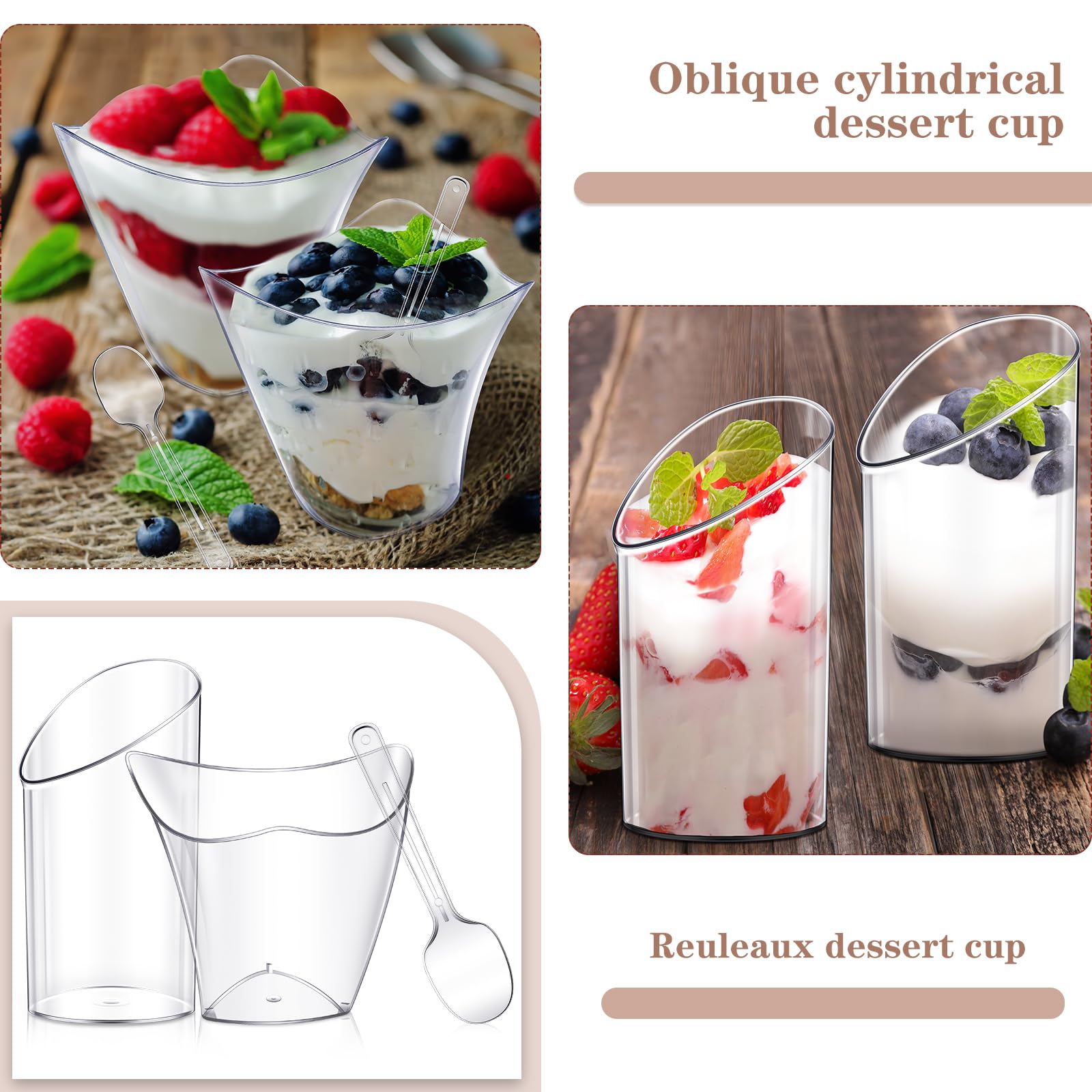 Paquete de 300 mini vasos de postre con cucharas, de plástico transparente, taza redonda inclinada para postres, copa cuadrada de corazón, tazas de parfait transparentes para tiradores de fiesta (3