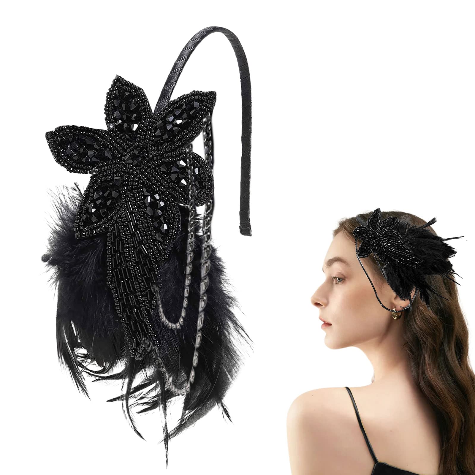 MIVAIUN Elegante Pluma Diadema Sombrero, Vintage Años 20 Flapper Diademas, 1920s Diadema, Diadema de los Años 20 para Mujer, Accesorios de Disfraces de Gatsby, Negro, Talla Única