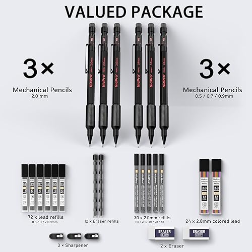 Miniatura 2 de Nicpro Juego de lápices mecánicos de metal, 3 lápices de dibujo artístico de 0.5, 0.7, 0.035 in y 2 lápices de dibujo mecánicos de 0.079 pulgadas y