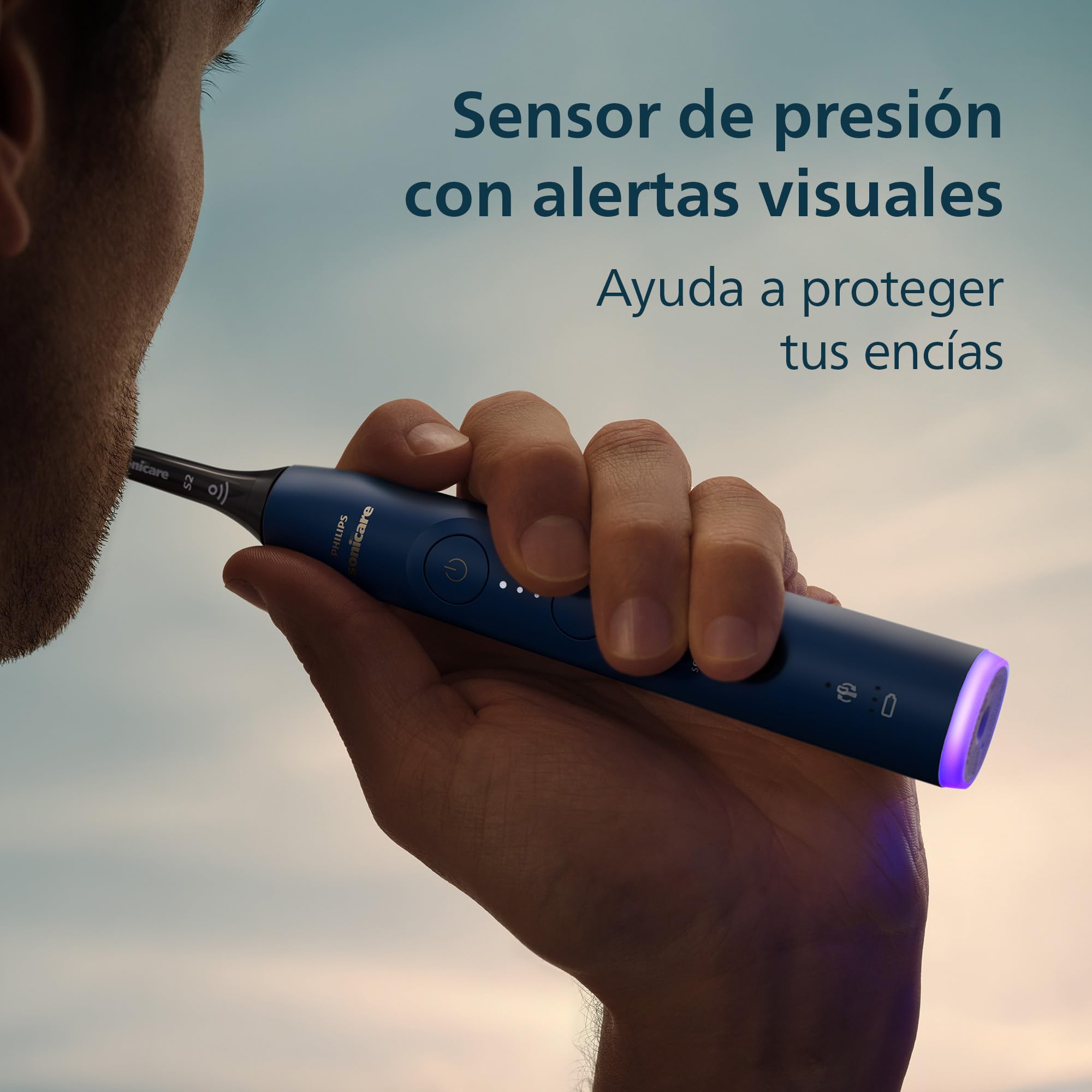 Cepillo eléctrico Philips Sonicare Serie 6100 - Tecnología Next Generation, sensor de presión, 6 ajustes, SmarTimer, BrushPacer, 21 días de autonomía, estuche de viaje, azul marino, HX7403/07