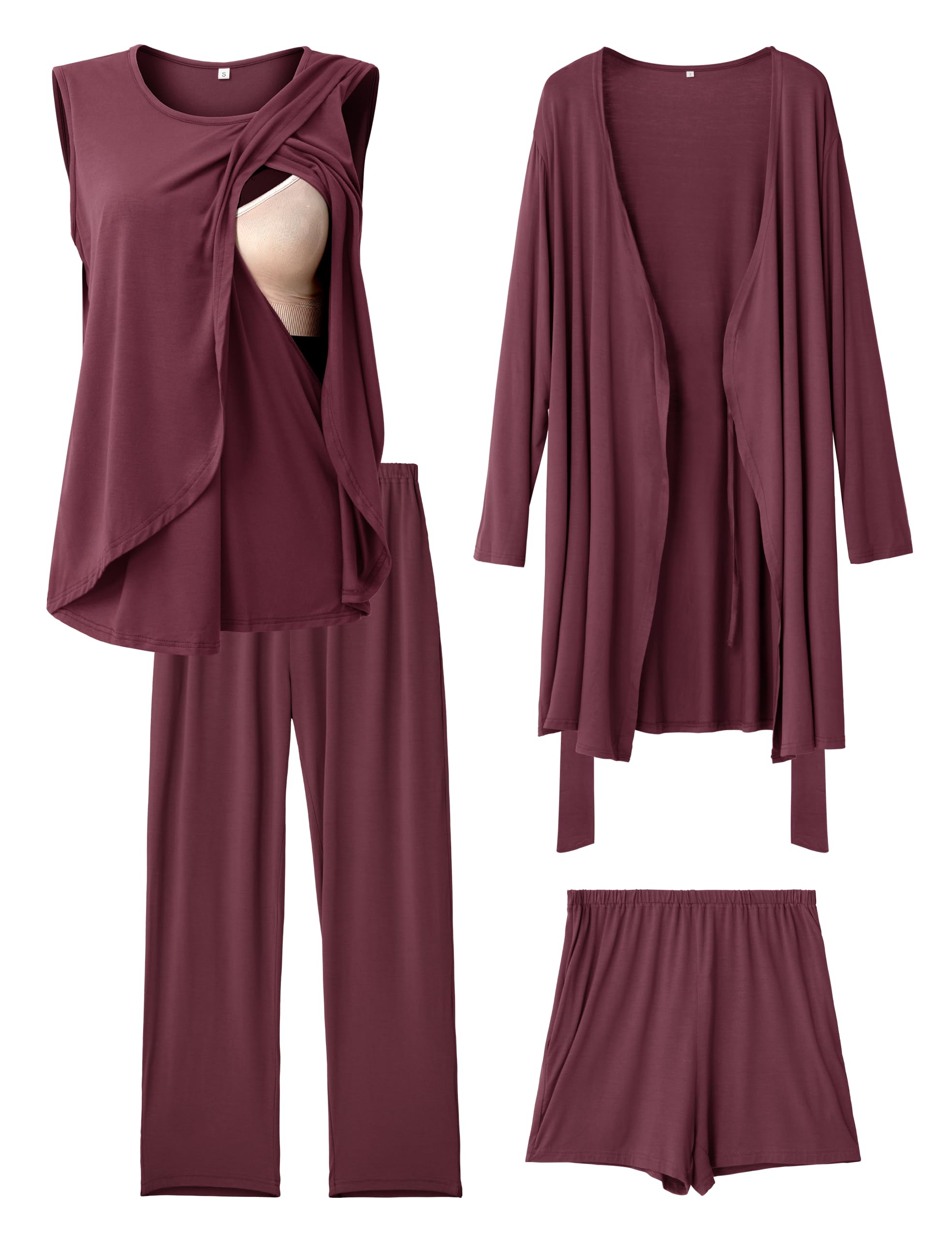 SUNNYBUY 4-teiliges Umstands Stillpyjama Set mit Kimono, unsichtbares Stillen, für Zuhause & Freizeit, Schwangerschaft & Stillzeit