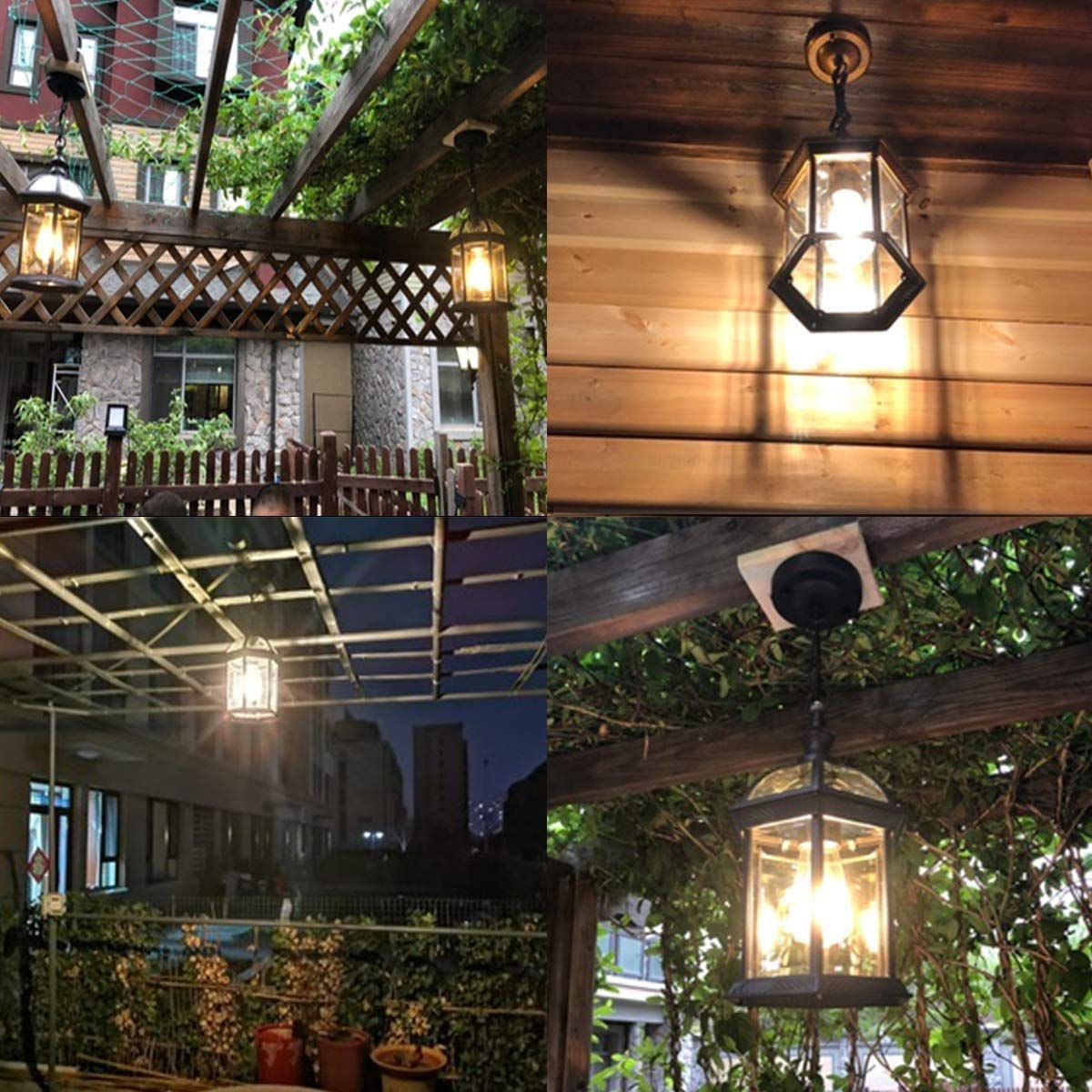 Lanterna sospesa per esterni, illuminazione a sospensione a soffitto a incasso Lampade a sospensione industriali a soppalcoIP54 Luci esterne impermeabili, nero, paralume in vetro alluminio E27 per
