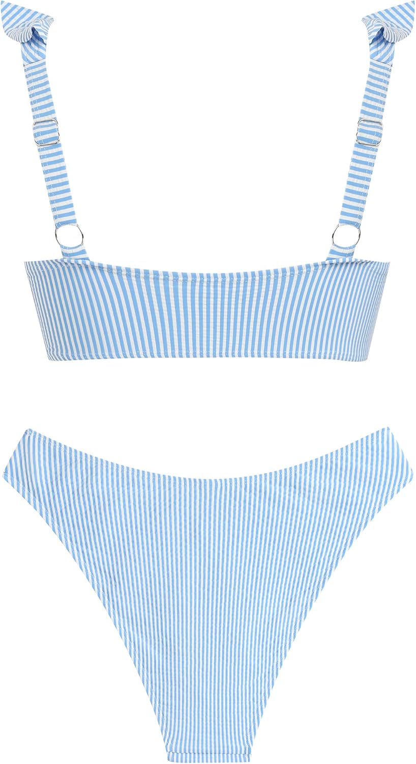 ZAFUL Ruffle Bikinis for Women Scoop Neck Bikini Sets High Cut 2 Piece Bathing Suit Cheeky Trendy Swimwear