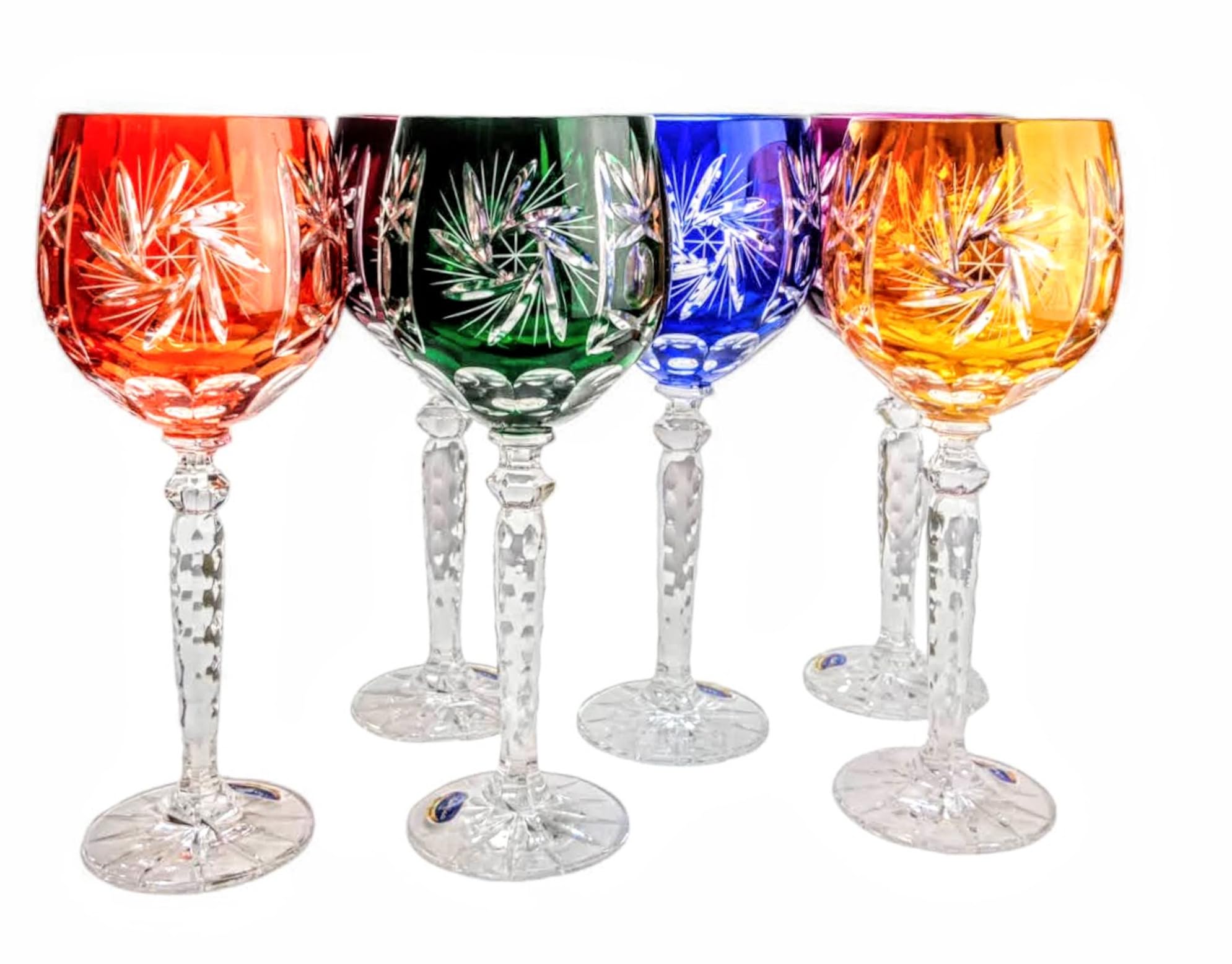 MaRika Lot de 6 verres à vin en cristal, 280 ml, multicolores, faits à la main, parfaits pour le vin rouge et le vin blanc, idée cadeau