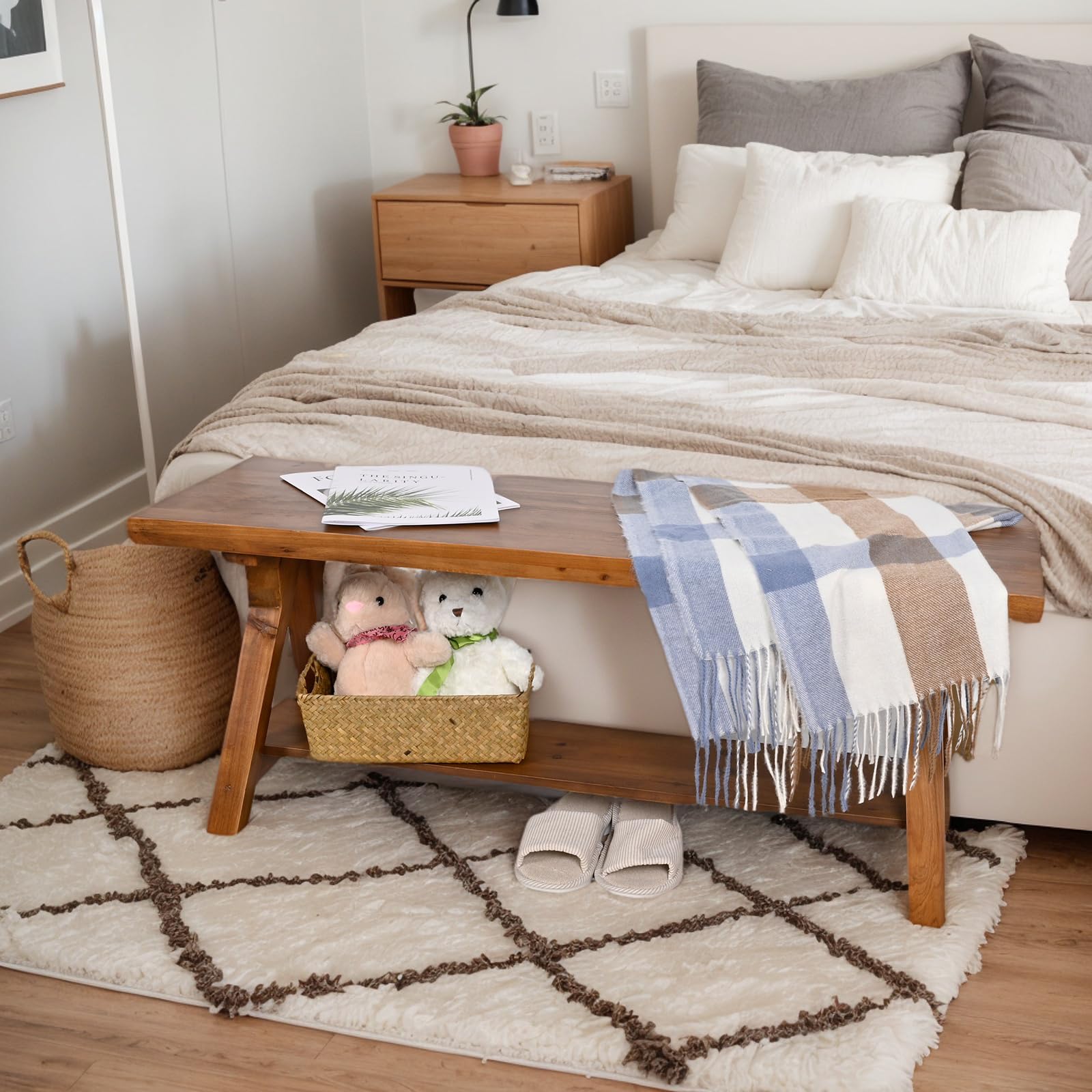 SwallowLiving 43 Inch Farmhouse Storage Bench, Rustic Solid Wood Entryway Bench for Living Room, Dining Room, Hallway | Indoor Seating with Natural Wood Finish