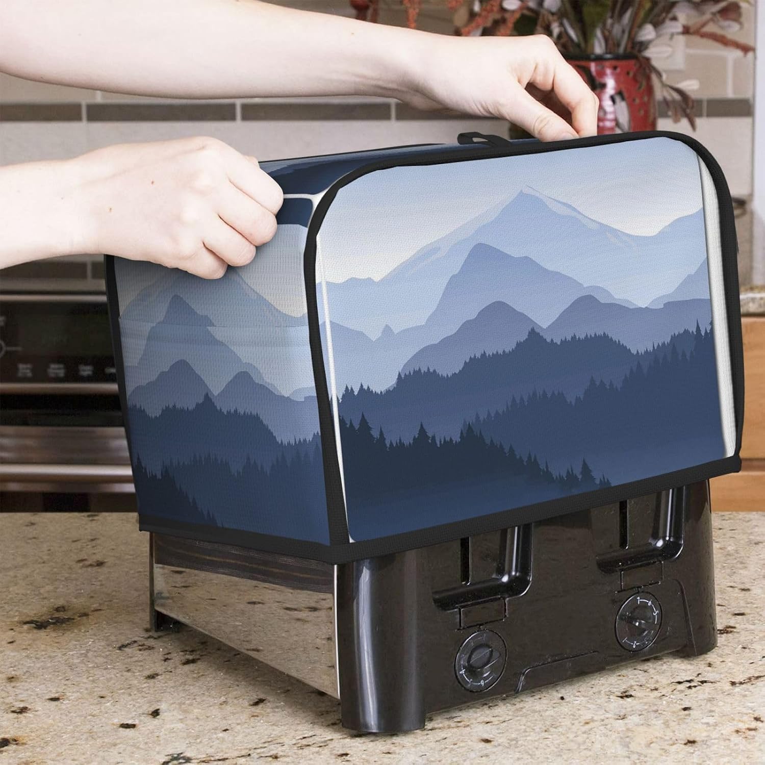 mountain Toaster Cover 2 Slice, Waterproof Bread Machine Covers with Pockets Universal Size Kitchen Small Appliance Cover with Handle, Dust and Fingerprint Protection