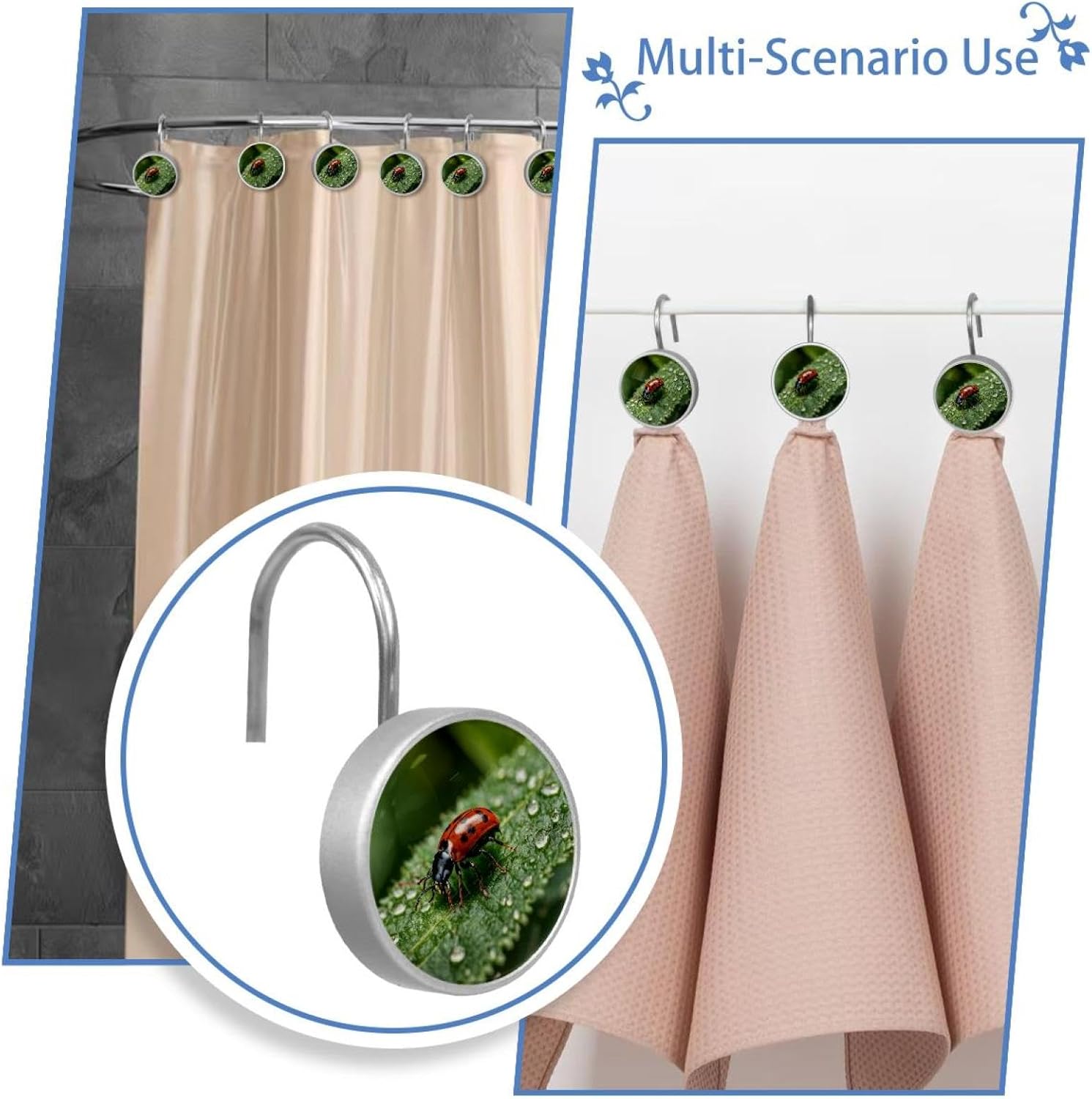 12PCS Insects Ladybug Bee Spider Ant (2) Shower Curtain Hooks Rings for Bathroom, Decorative Shower Curtain Hooks Rods Curtains and Liner