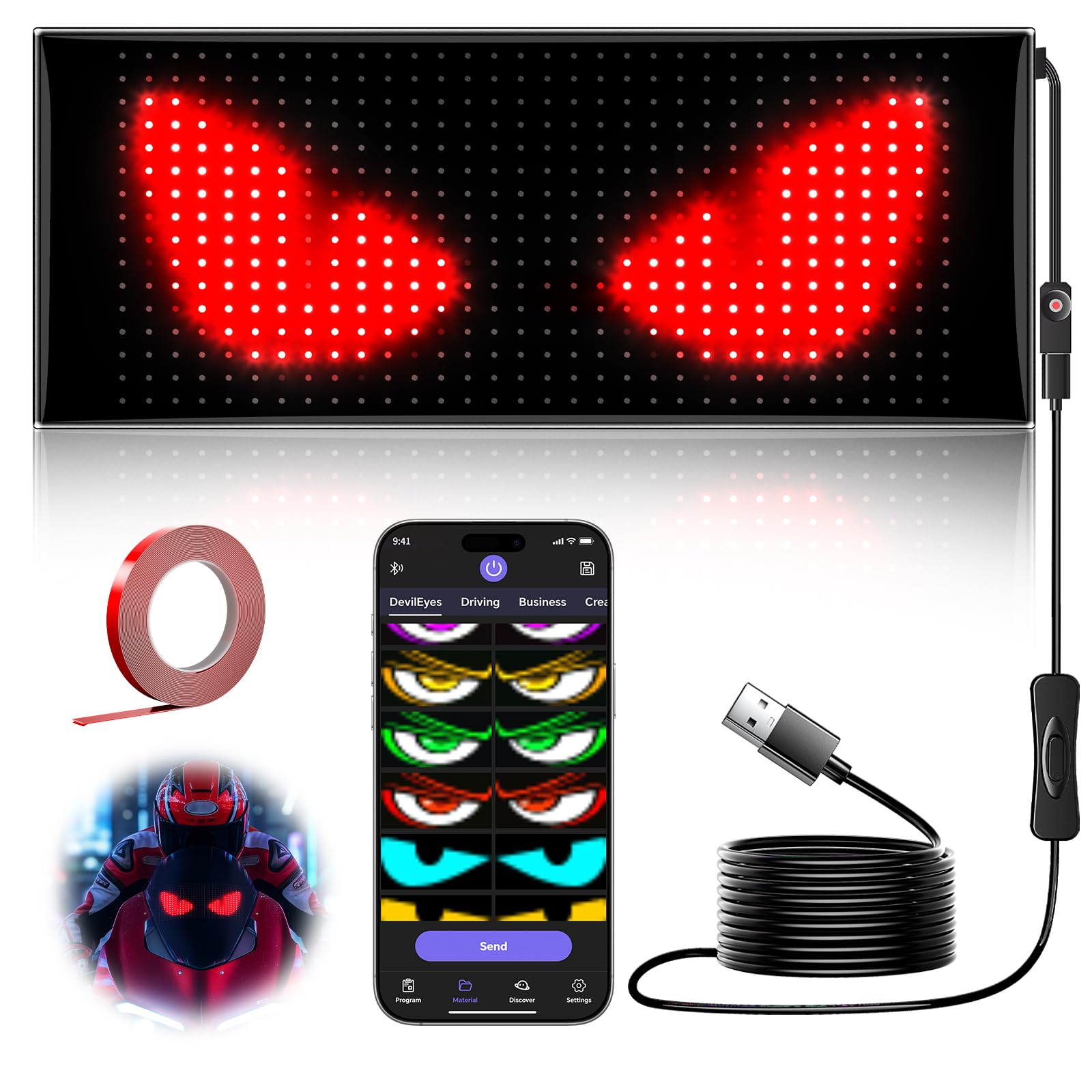 Rayhome LED Eyes for Motorcycle Windshield, 7''x3'' Flexible Devil Car Eyes Animated led, Programmable Bluetooth APP Control Custom Text Pattern Animation LED Sign for Car Windshield