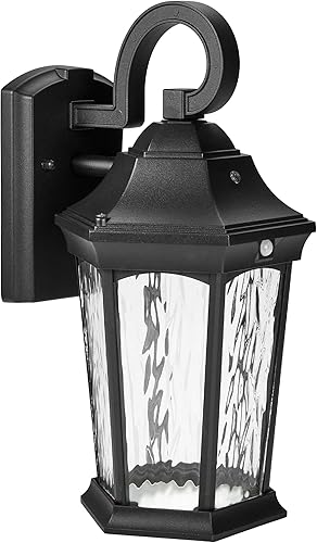 Maxxima Luz LED de pared con sensor de movimiento para exteriores, 3 modos de iluminación, sensor de atardecer a amanecer, negro con vidrio de agua