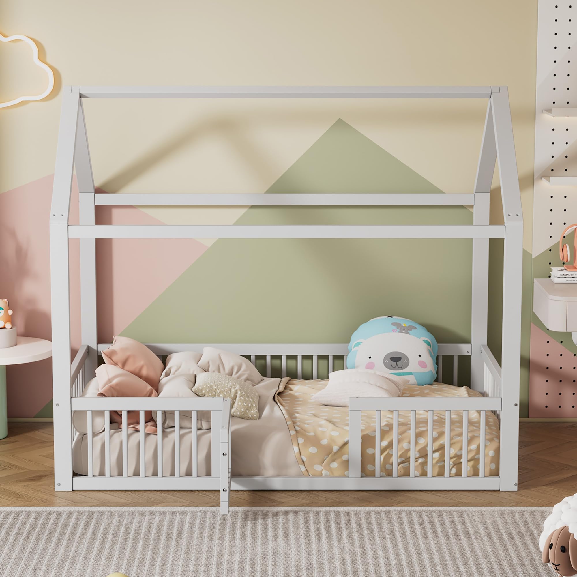 Kinderbett Hausbett 90x200 cm, Montessori Bodenbett mit Tür inkl. Rausfallschutz & Lattenrost, Massivholz Gitterbett Montessori Bett Babybett Kinder Jugendbett Einzelbett für Jungen & Mädchen, Weiß