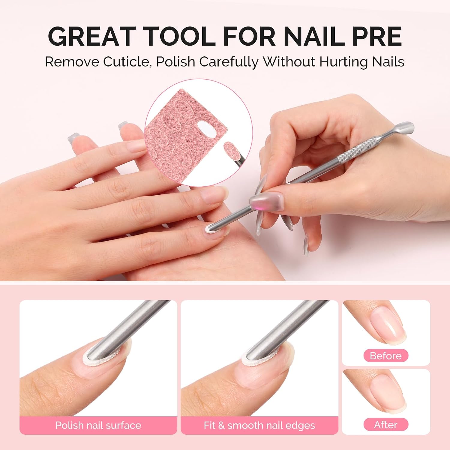 MelodySusie 180 Grit Pink Sandpaper Sheets,10 PCS Pre Polishing Adhesive Replacement with Dual Ended Cuticle Pusher Nail Bit Manicure Pedicure for Removing Dead Skin on Nail and Foot in Salon Home image 4
