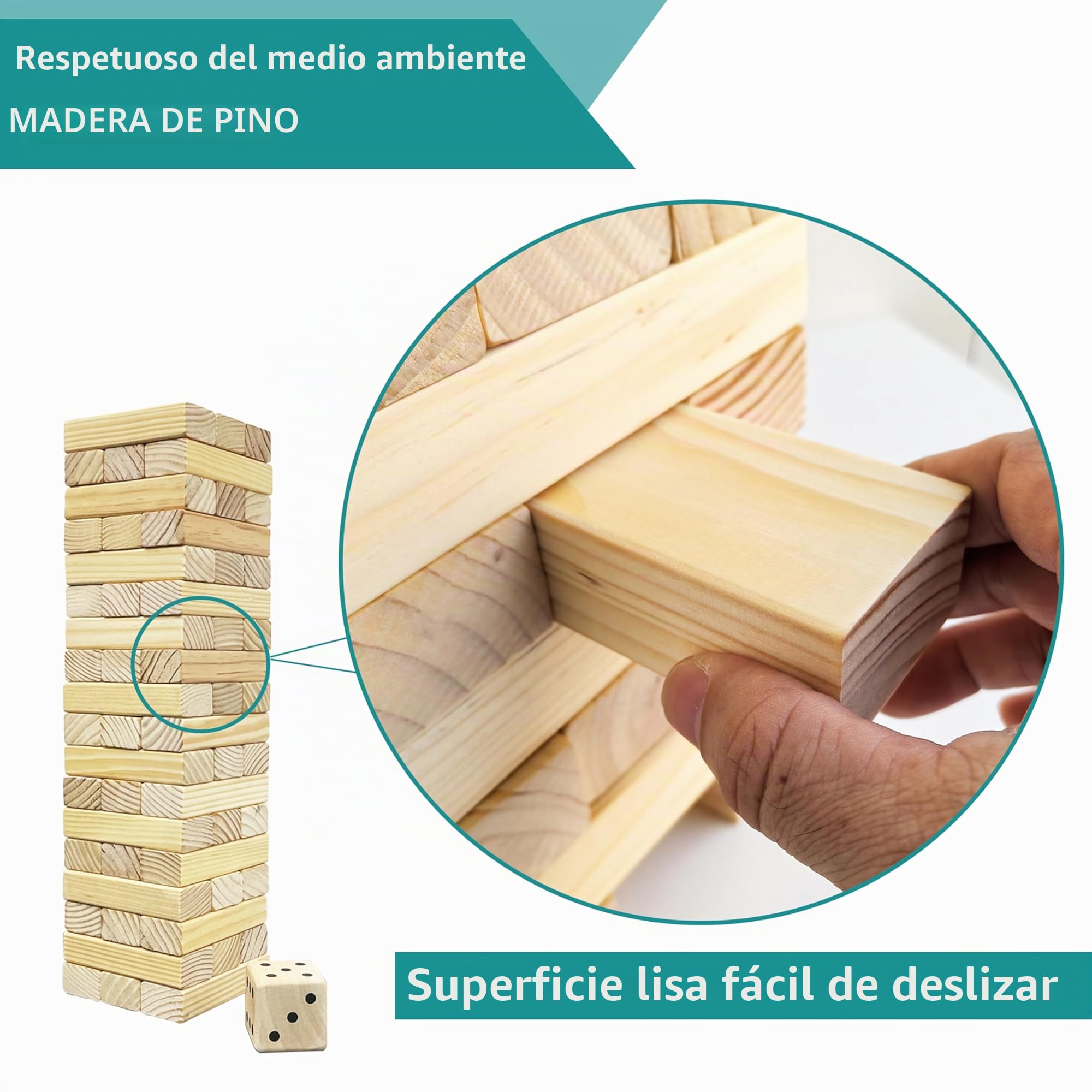 Torre de volcar de madera - Juego apilable - 54 piezas - Juegos de exterior para la familia - Gran tamaño - 54 piezas