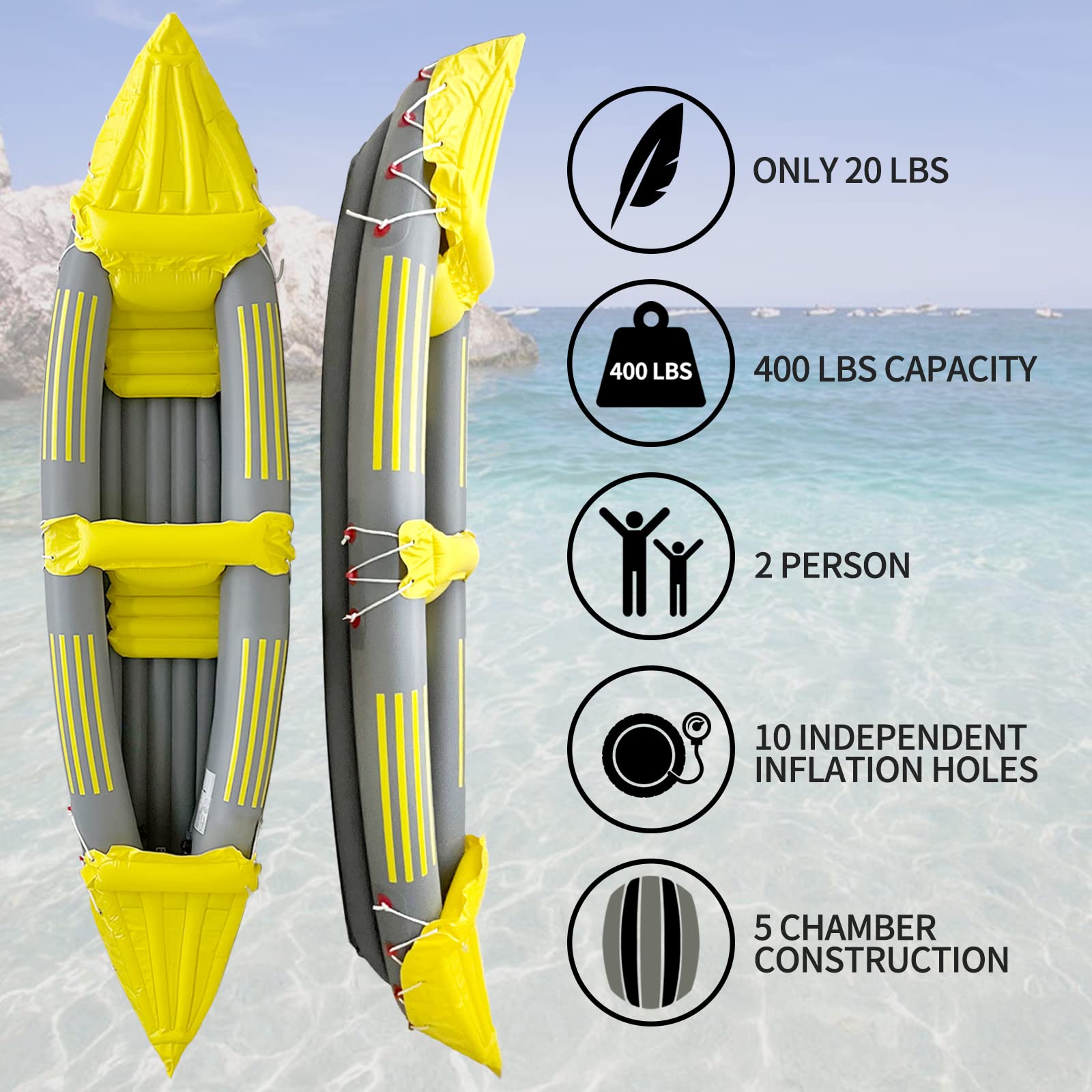 Canoa inflable del barco del kayak inflable de 2 personas,Kayak inflable de la pesca de la serie profesional amarilla con los remos de aluminio, bomba