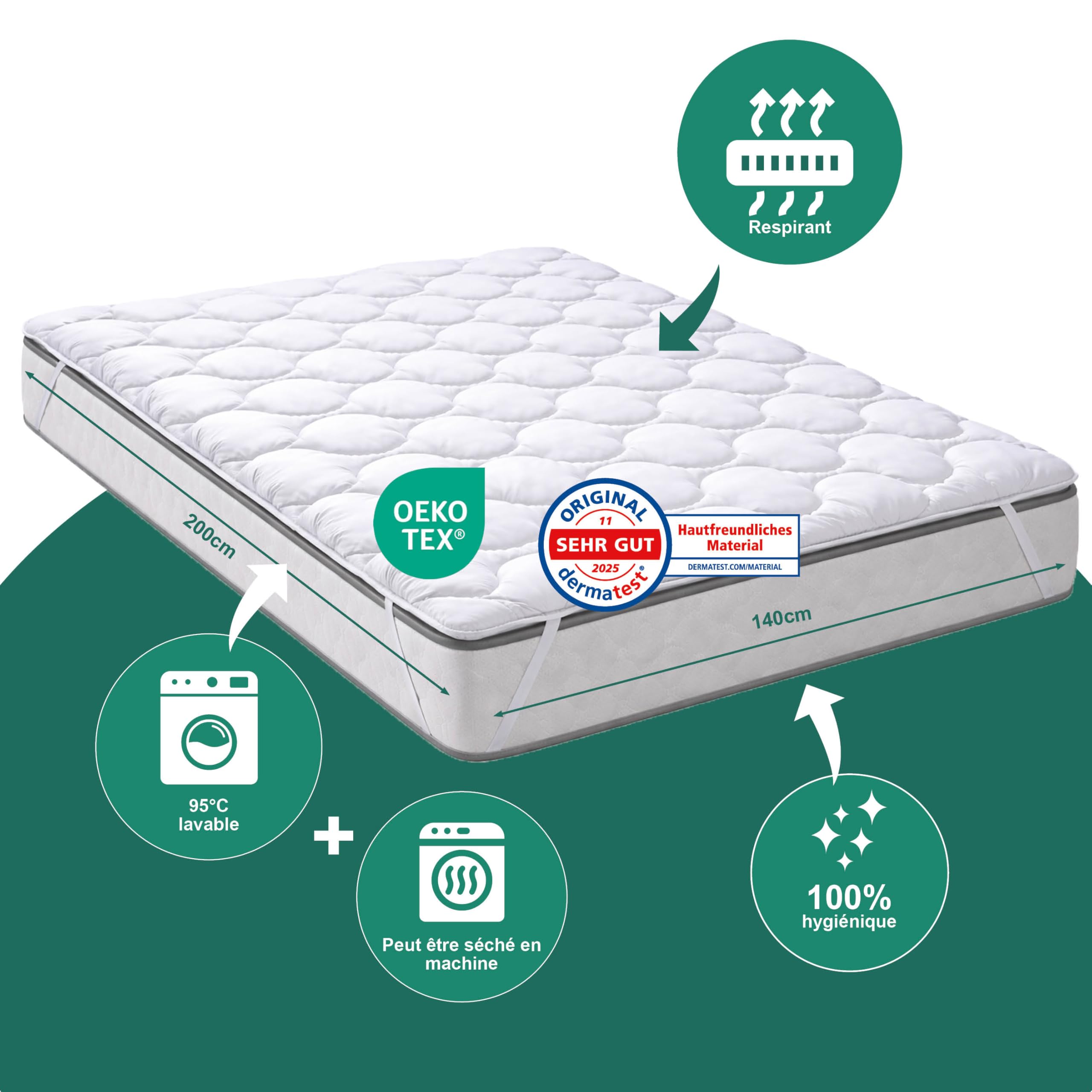 KNERST® Protège-Matelas Matelassé 140x200 – Alèse Respirante – Lavable Jusqu’à 95°C – Surmatelas Doux avec 4 Élastiques – Certifié Ökotex – Protection Matelas