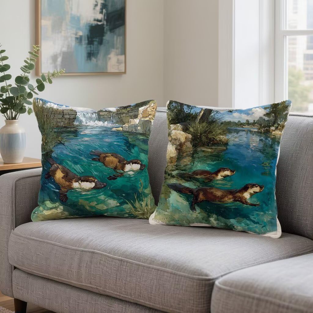 Kissenbezug 65 x 65 2er Set Sofakissen GrüN Kopfkissenbezug 65x65 cm Dekokissen Schnabeltier Outdoor Pillow Leinen Doppelseitiger HD-Druck, Terrassen Deko Wohnzimmer, Frühling und Sommer 7-A05083