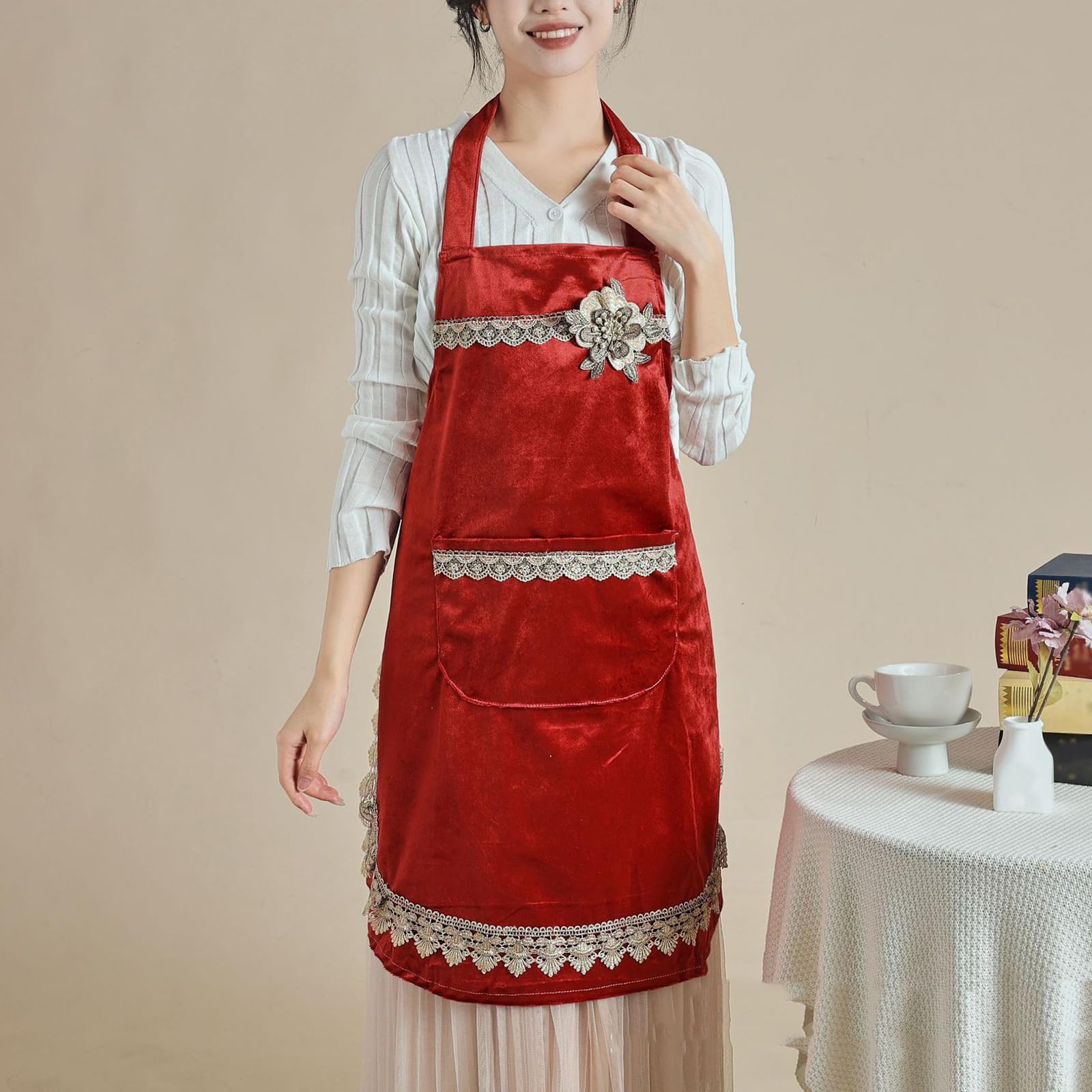2pcs Tabliers De Cuisine Tablier Japonais avec Poches Tablier pour Femme Tablier De Chef Red,One Size