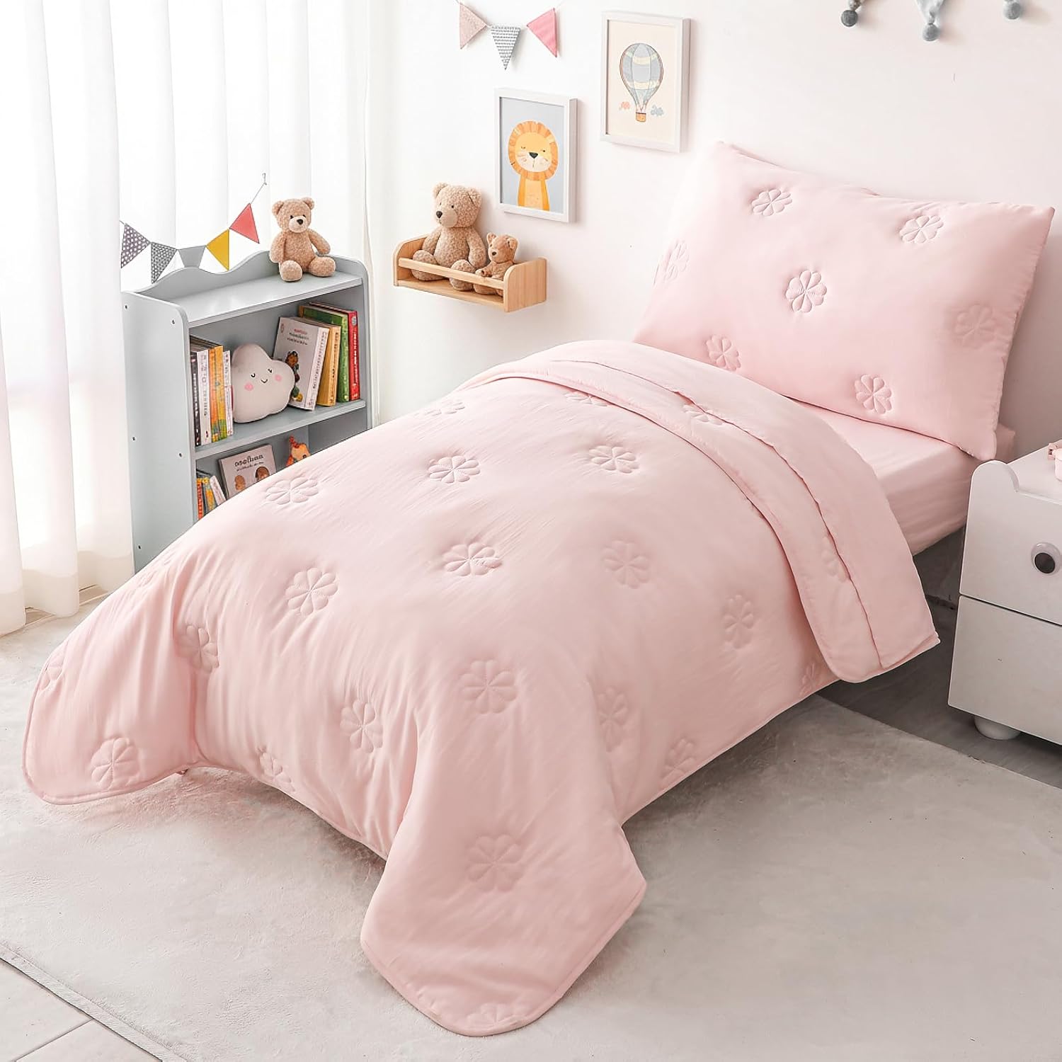 Pink Toddler Bedding Sets for Girls, 4 Piece Floral Embroidery Toddler Bed-in-a-Bag Includes Reversible Comforter, Flat Sheet, Fitted Sheet and Envelope Pillowcase | Soft Microfiber, Embroidery Quilted, Skin-friendly, Machine Washable, Good Workmanship, Gift Choice