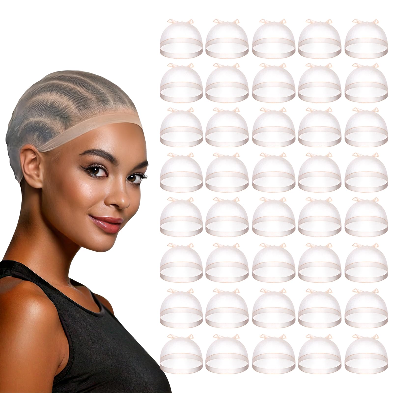 Wig Cap for Women, 40 Pcs Invisible Sheer Breathable Stocking Cap for Lace Front Wigs, Thick Long Hair (Skin Color)