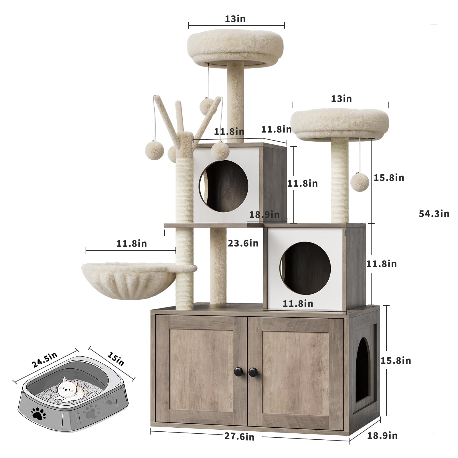 Kratzbaum Groß Mit Katzentoilettengehäuse, Versteckte Katzentoilette Mit Sisal-Kratzbaum Und Weichem Plüschsitzplatz, Aktivitätsbaum, Katzenmöbel Aus Holz Mit Mehreren Plattformen, Grau