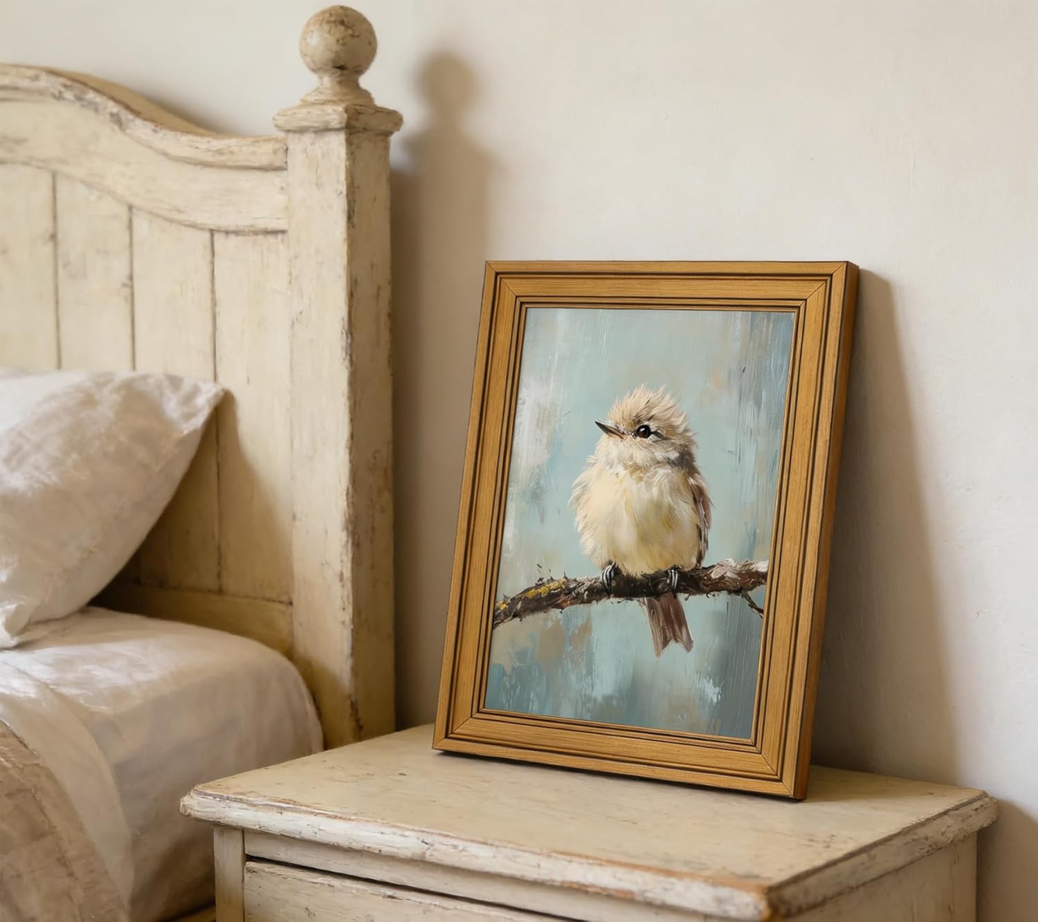 Vintage Gold Framed Bird Canvas Wall Art, Bird Beige Sparrow Painting Picture Wall Decor, Sparrow on Branch Posters Prints Artwork for Living Room, Bedroom, Kitchen, Home Decoration 12x16in