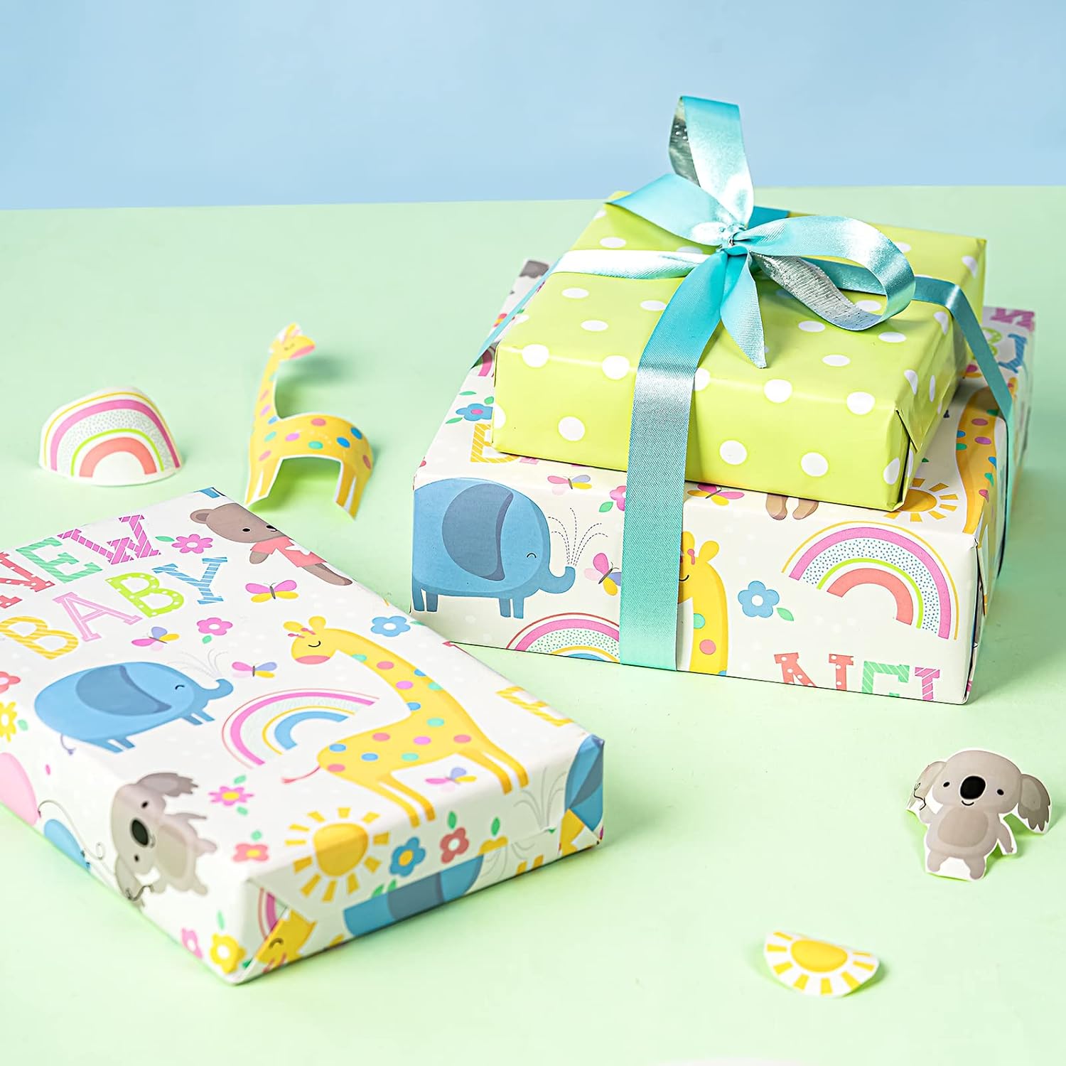WRAPAHOLIC Jumbo Reversible Baby Shower Wrapping Paper - 30 Inch x 100 Feet - Animals & New Baby Design for Neutral Baby Shower, Boys Girls Kids Birthday