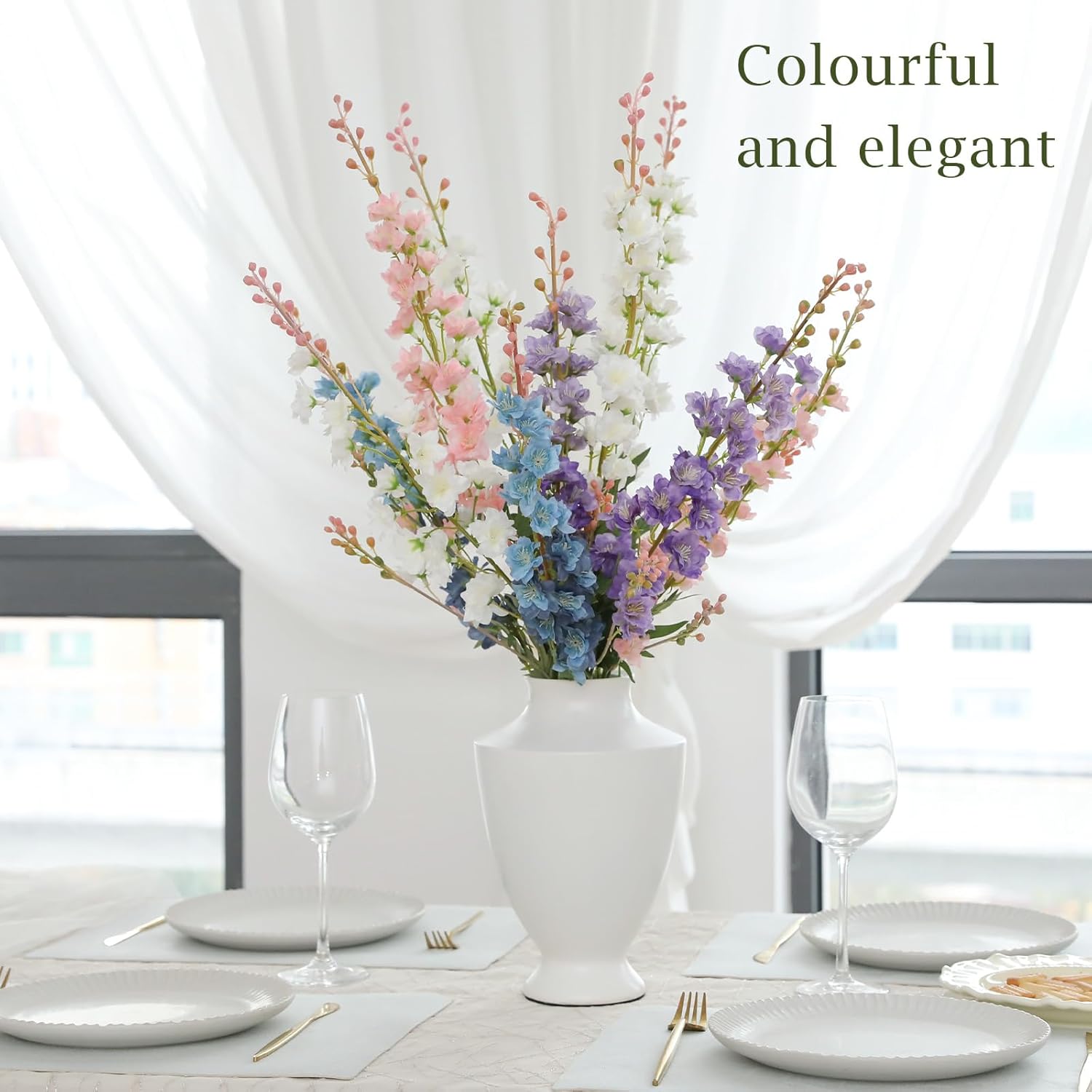 6PCS White Delphinium Artificial Flowers, Long Stem Faux Larkspur Silk Flowers, 33.5" Bendable Fake Flowers Bouquets for Tall Vase Table Kitchen Home Offices Garden Wedding Decor - Image 5