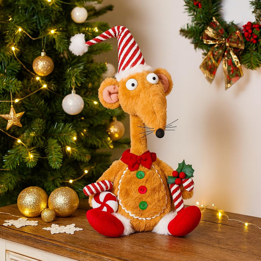 Marco Paul Large Plush Rat Gingerbread Christmas Decoration - 33cm Freestanding Felt Xmas Ornament with Santa Hat - Novelty Christmas Rat For Home Decor, Staircase Ornaments, Bedroom Decoration