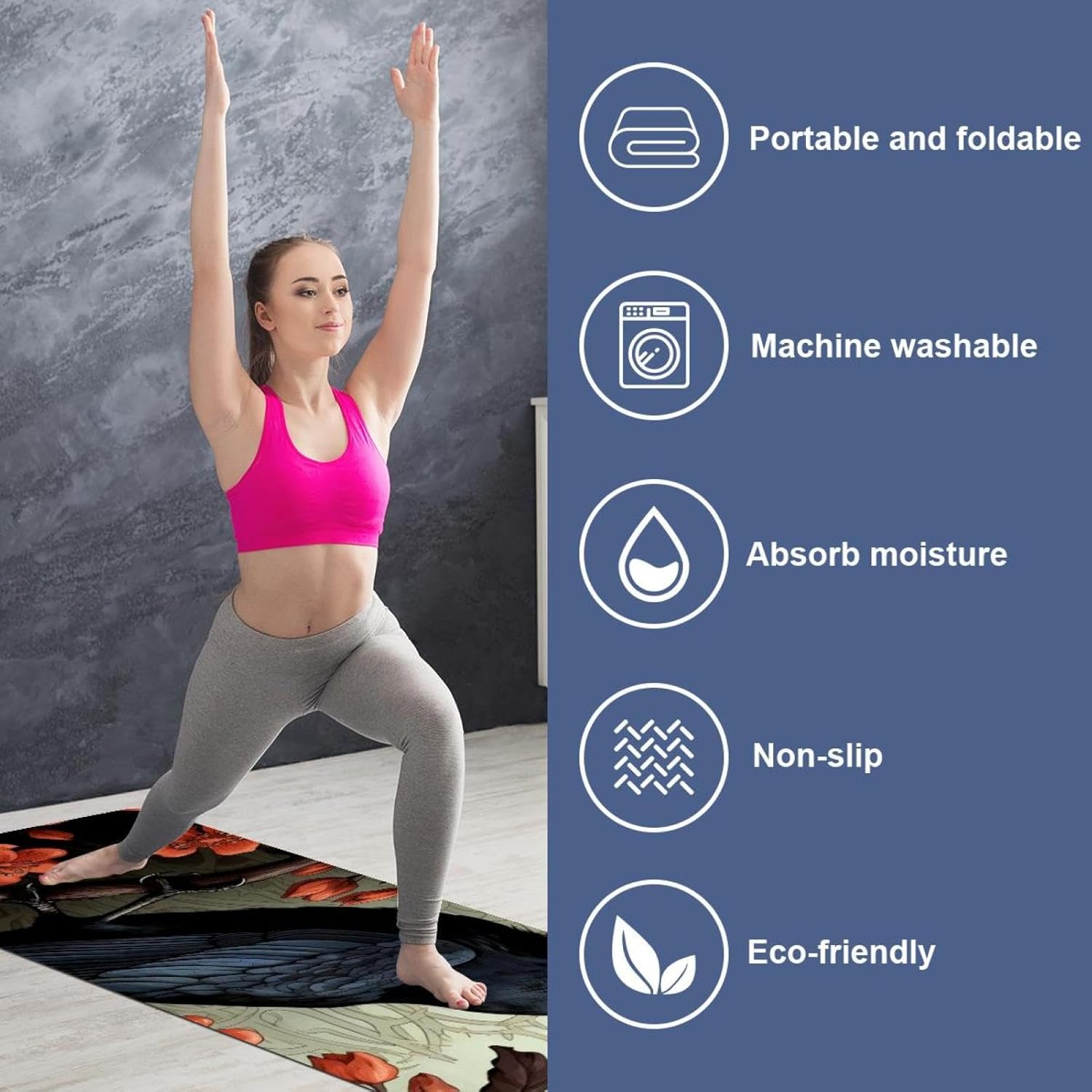 Yoga Towel, Black Crow Pattern Non Slip Sweat Absorbent Hot Yoga Mat Towel for Hot Yoga, Pilates and Fitness - 72.8" x 26.8"