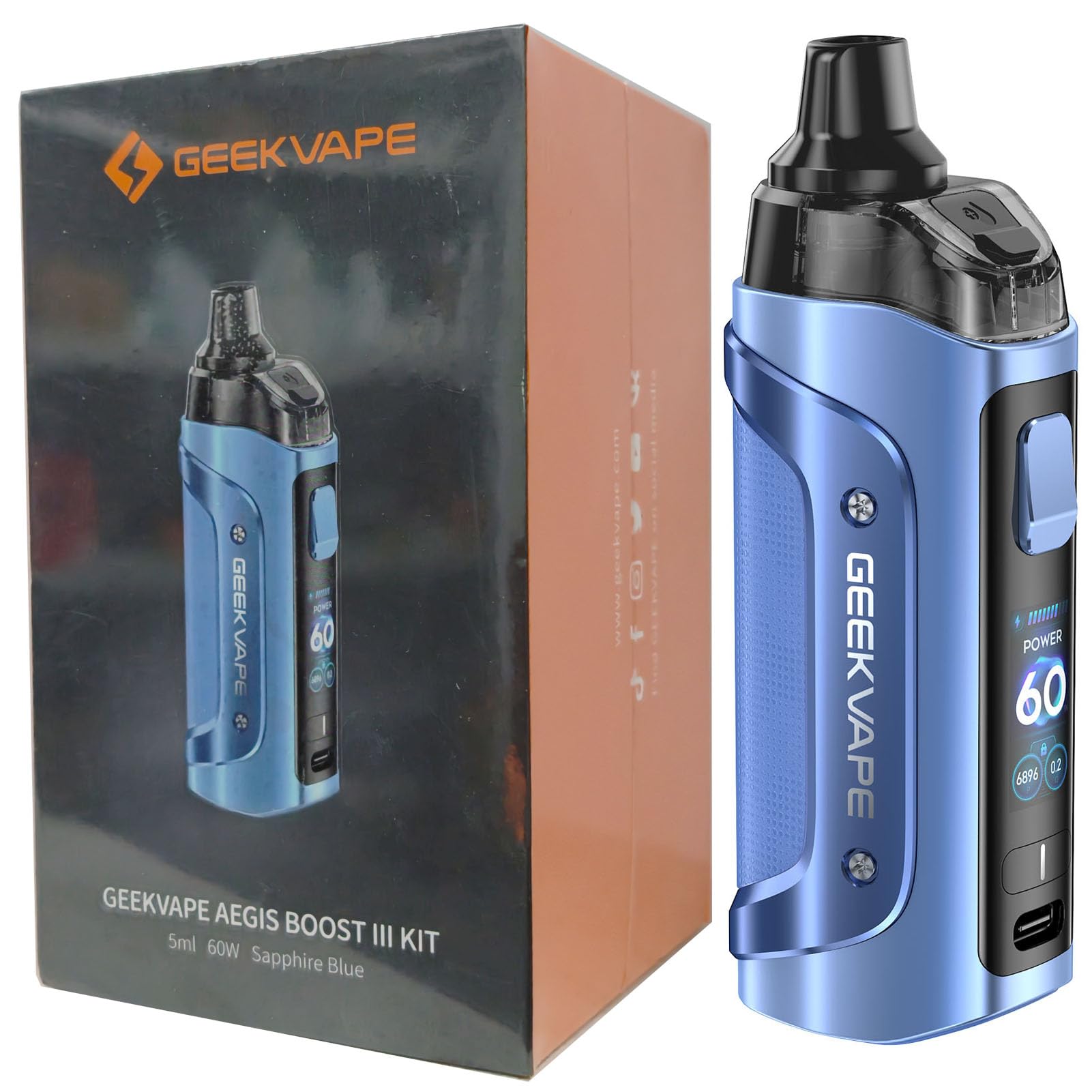 Geekvape Aegis Boost 3 POD mod Kit 3000mah (max 60W) 5ml mode intelligent  avec geekvape B Coil [0.2ohm | 50-58w]; (0.6ohm | 15-25W) ip68 impermable   l'eau sans nicotine (Bleu saphir) :
