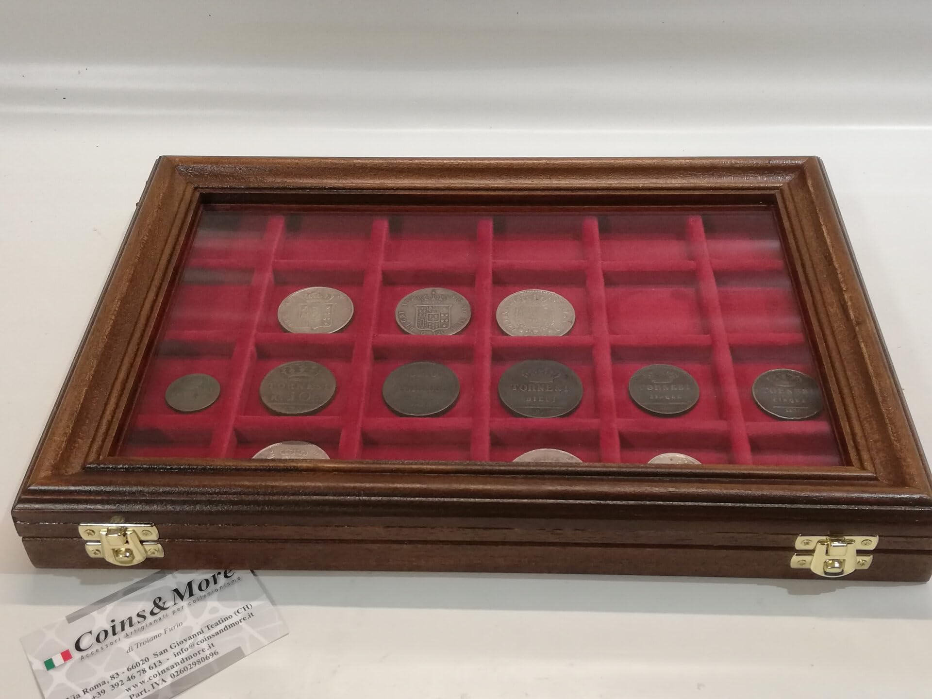 Caja para Monedas y medallas de Madera Maciza y Cristal con Terciopelo, Compartimentos Personalizables, numismática Artesanal