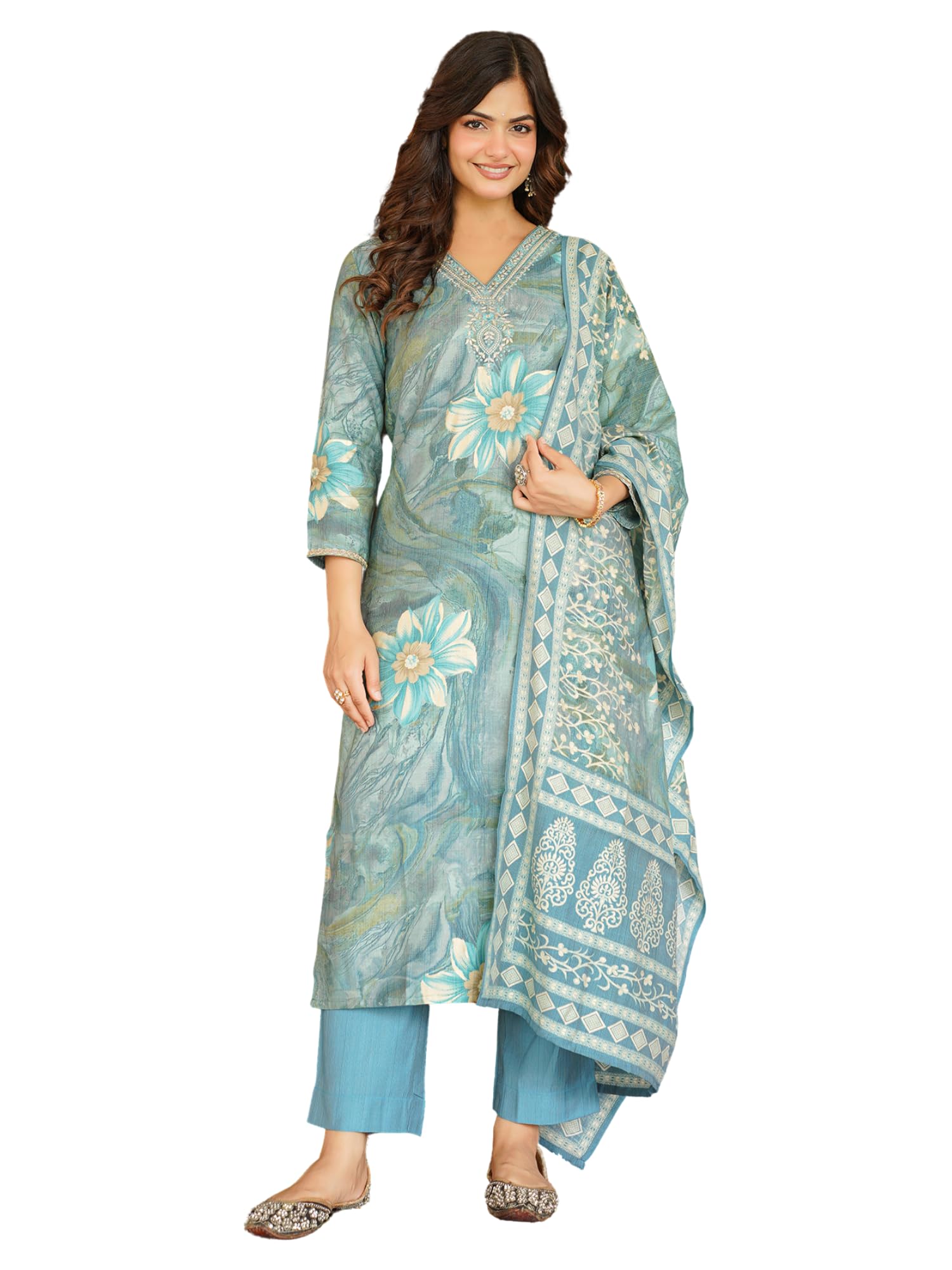 Women's Blue Viscose Rayon Embroidered Straight Floral Kurta Trousers With Dupatta Set | Daily Straight Kurta Set For Women | Floral Salwar Suit For Women-image-1