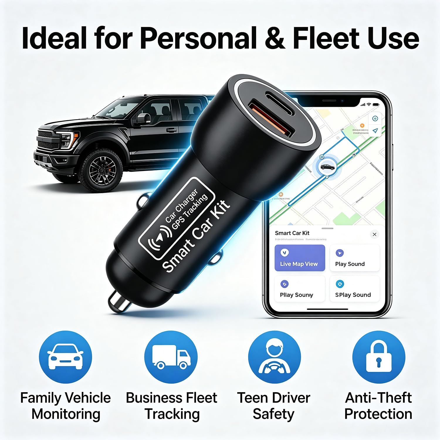 Tracker GPS e caricabatterie per auto, localizzatore GPS per veicoli, localizzatore GPS per antifurto nascosto e posizione di parcheggio in tempo reale, senza canone mensile, nessuna scheda SIM, solo