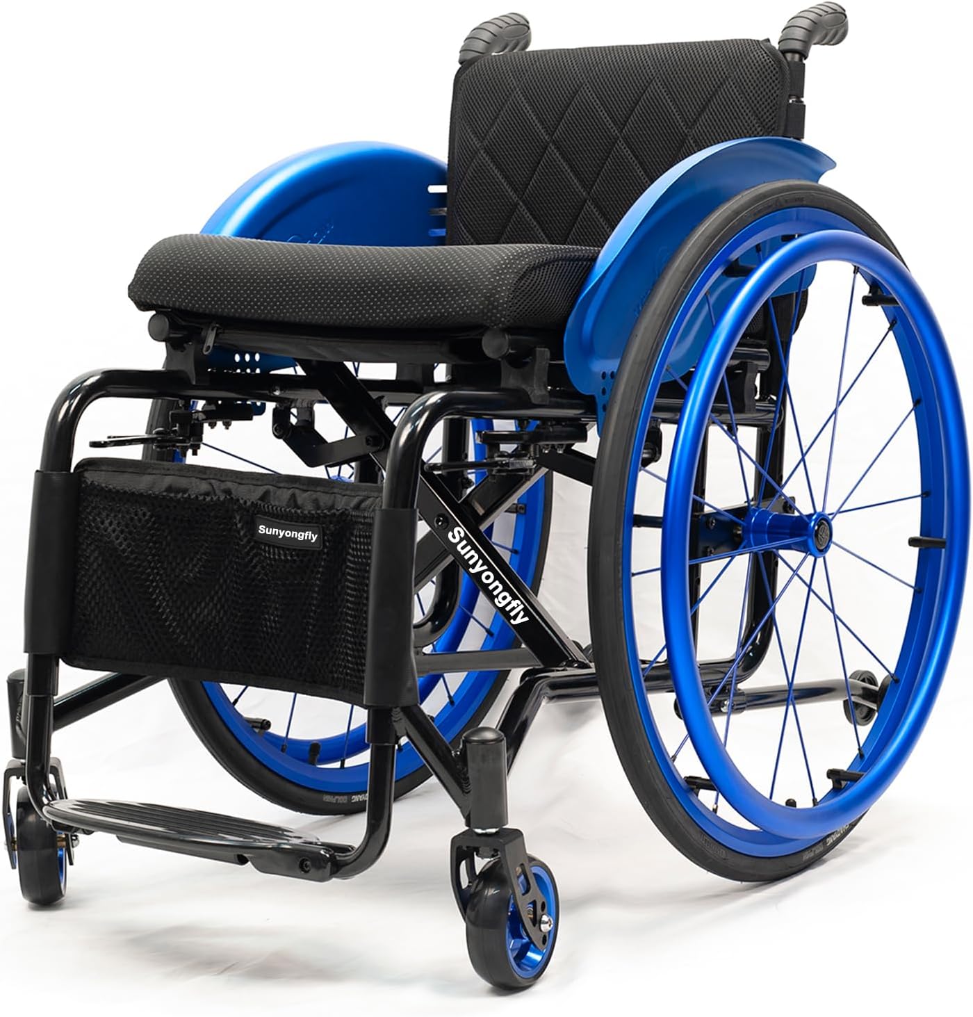 Sunyongfly Lightweight Foldable Mute Sports Wheelchair - All Terrain Aluminium Wheelchair Suitable for Teenagers, Adults, Seniors (Seat Width 42cm, Blue)
