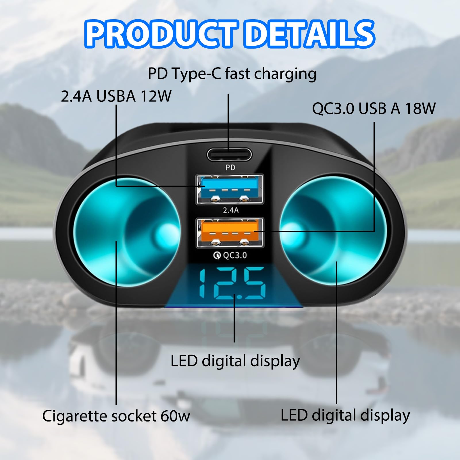 120W Car Cigarette Lighter Adapter, Dual USB QC3.0 & PD 12V/24V Multi Socket Car USB Charger Splitter Double Cigarette Lighter with LED Voltmeter Fast Charging for Phones GPS Dashcam Vehicle Devices - 3