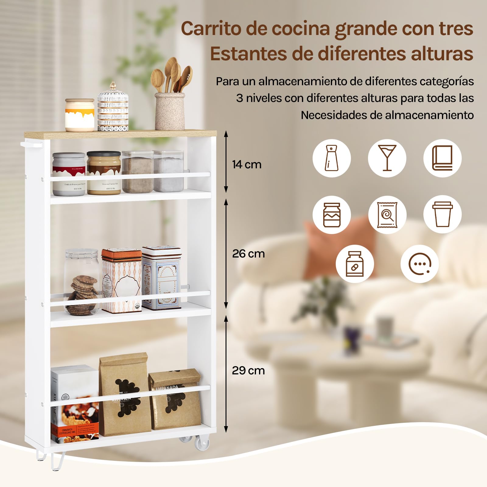 WOLTU Carrito de Cocina con 3 Niveles, Carro Auxiliar Cocina con Ruedas, Estanteria Estrecha de Almacenamje, Madera y Metal, con Frenos y Asa, 47x13x80 cm, Blanco+Roble Claro